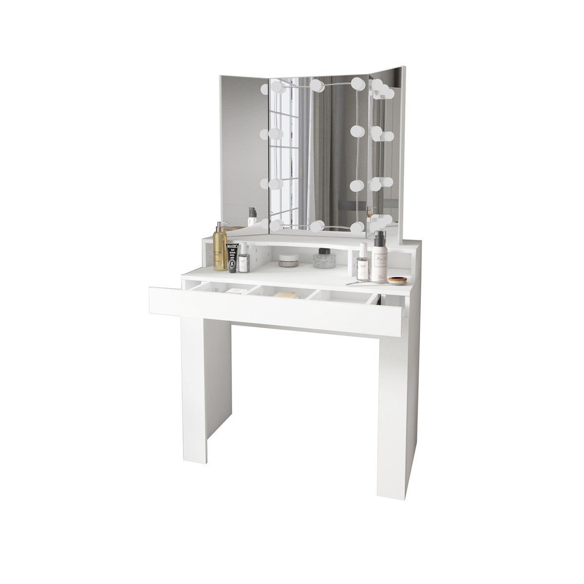 Moderner Schminktisch mit beleuchtetem Spiegel, Fächern und Hocker, Maße: 75cm breit.