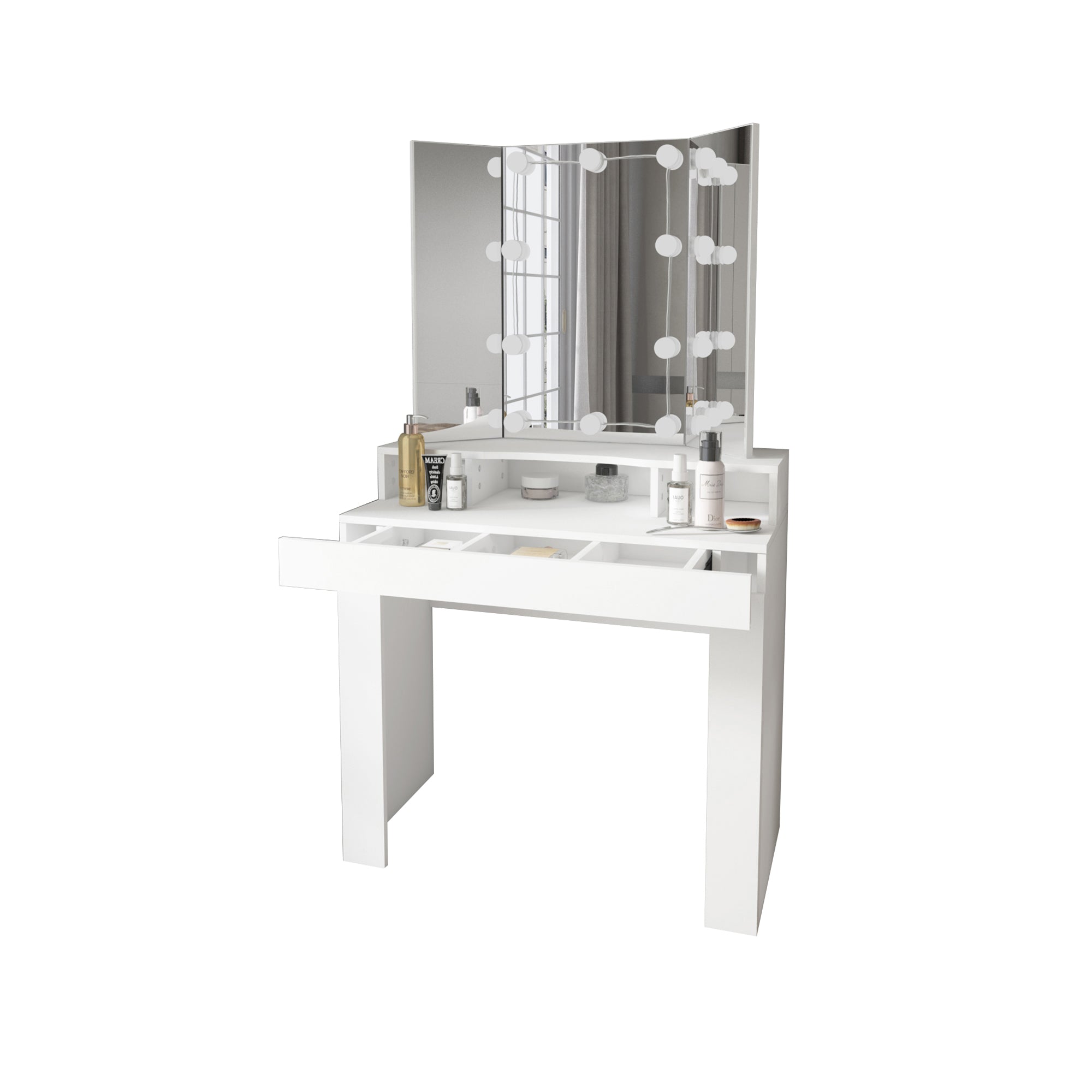 Moderner Schminktisch mit beleuchtetem Spiegel, Fächern und Hocker, Maße: 75cm breit.