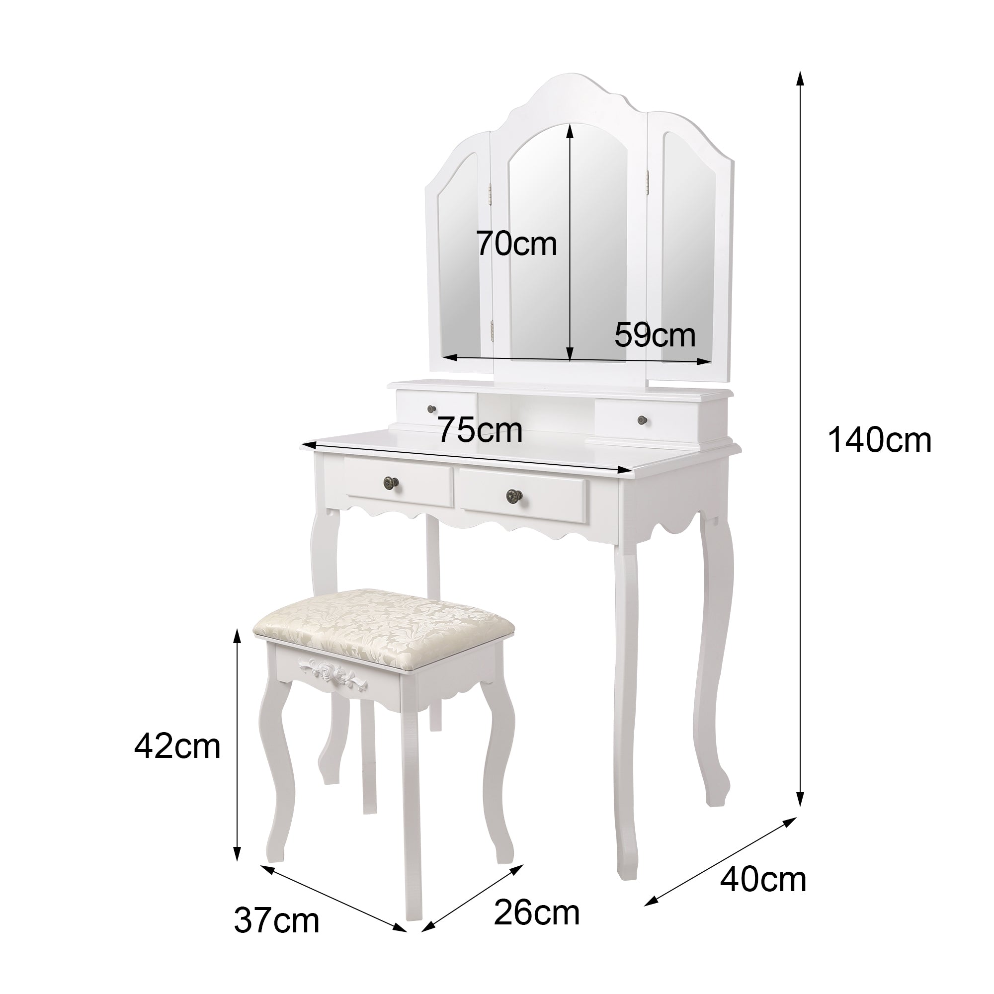 Weißer Schminktisch mit drei Spiegeln, Schublade und Hocker, Maße: 140cm hoch, 75cm breit.