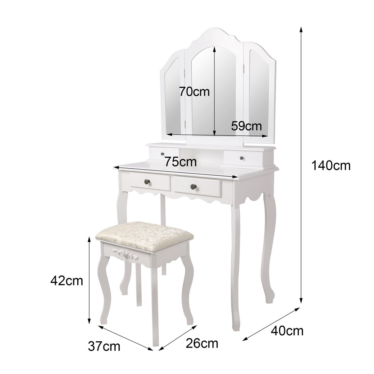 Weißer Schminktisch mit drei Spiegeln, Schublade und Hocker, Maße: 140cm hoch, 75cm breit.