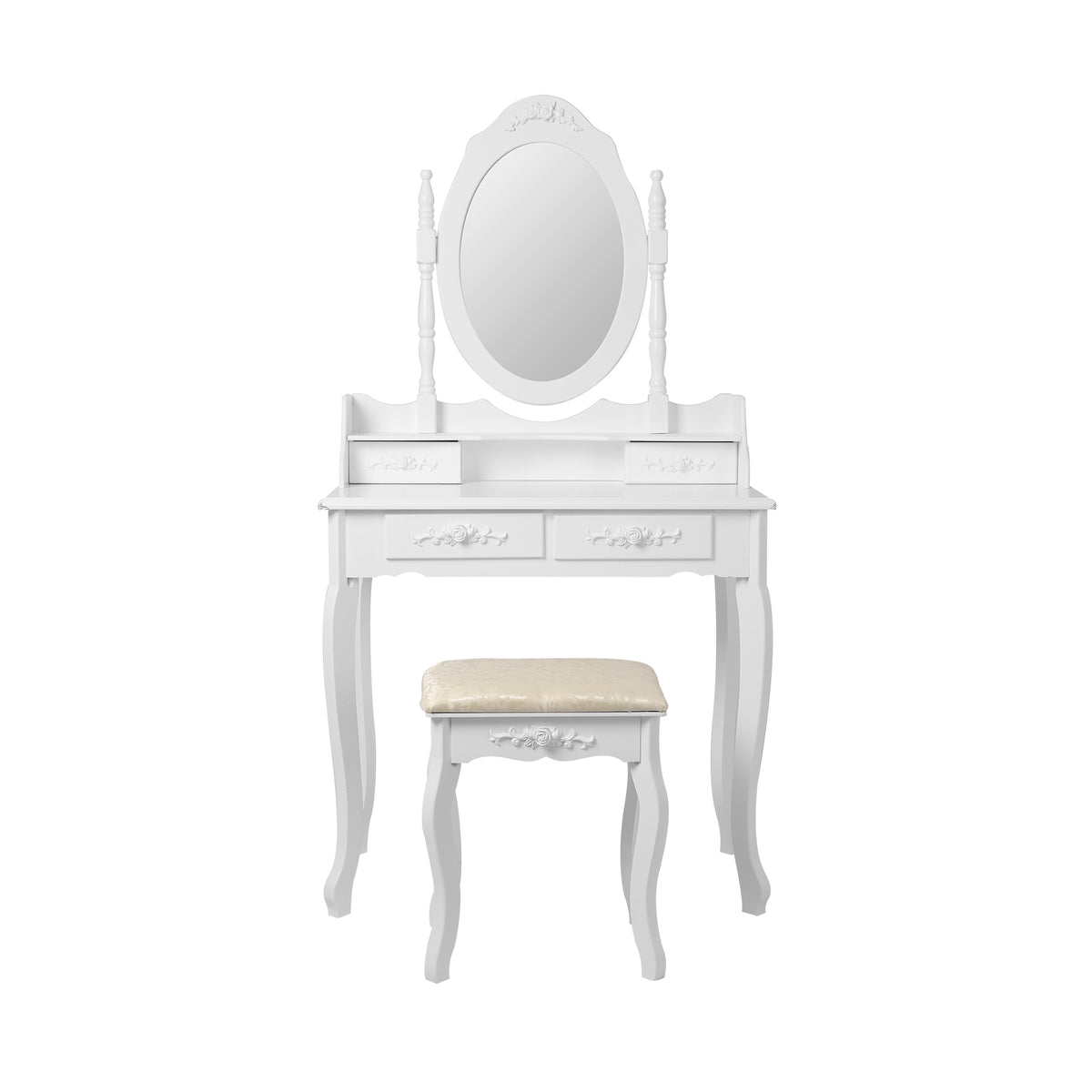 A white dressing table with mirror and stool.