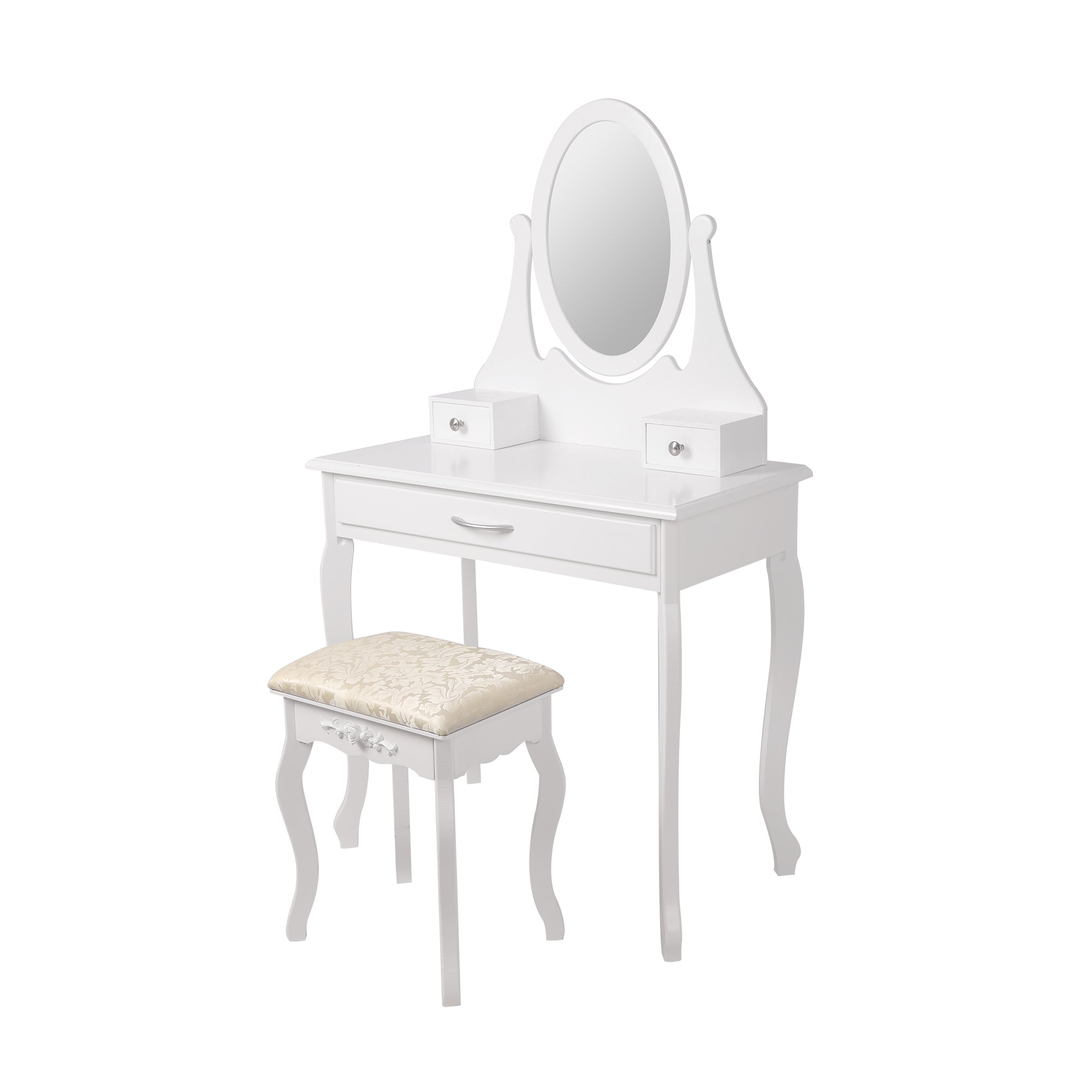 Witte make-up tafel met ovale spiegel en gestoffeerde kruk.