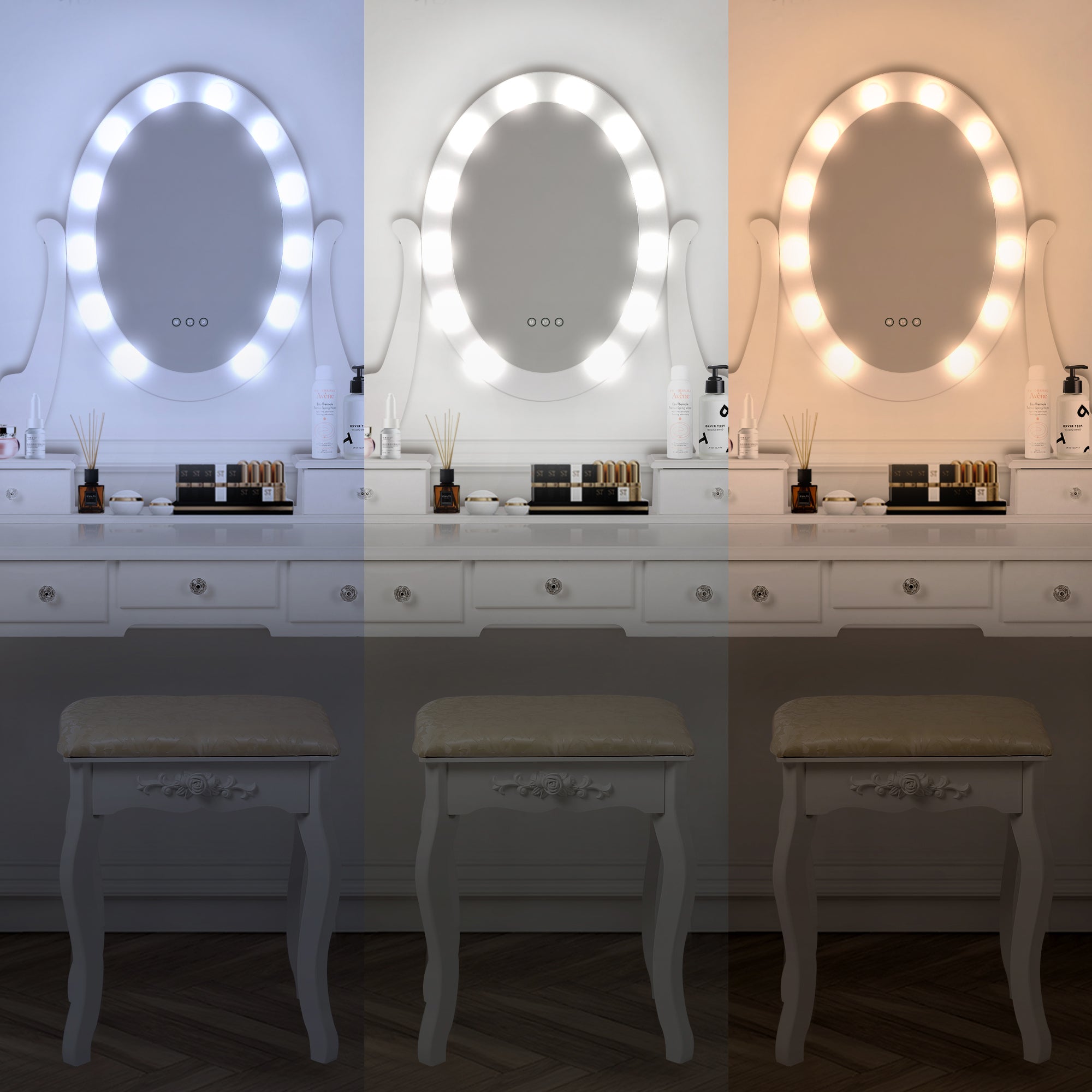Mirror with lighting above a white dressing table and stool.