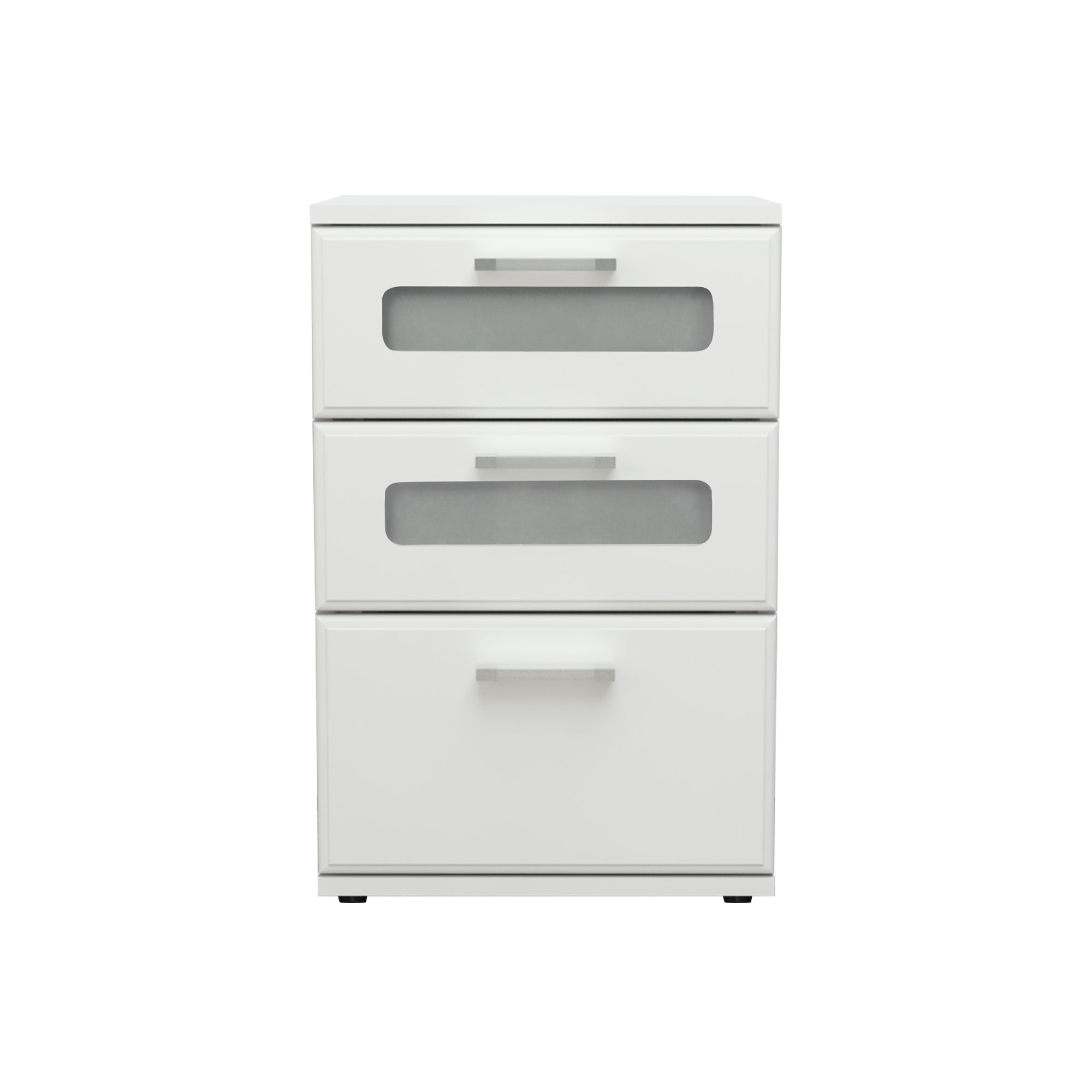 Weißer Schrank mit drei Schubladen und transparenten Fronten.