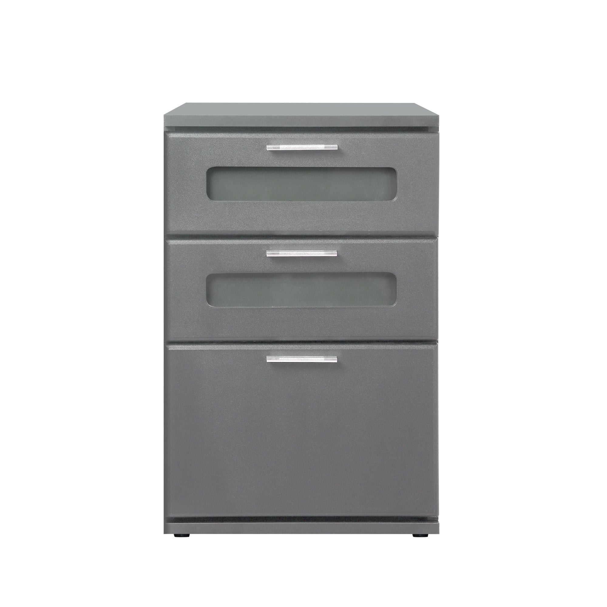Gray nightstand with three drawers and transparent fronts.