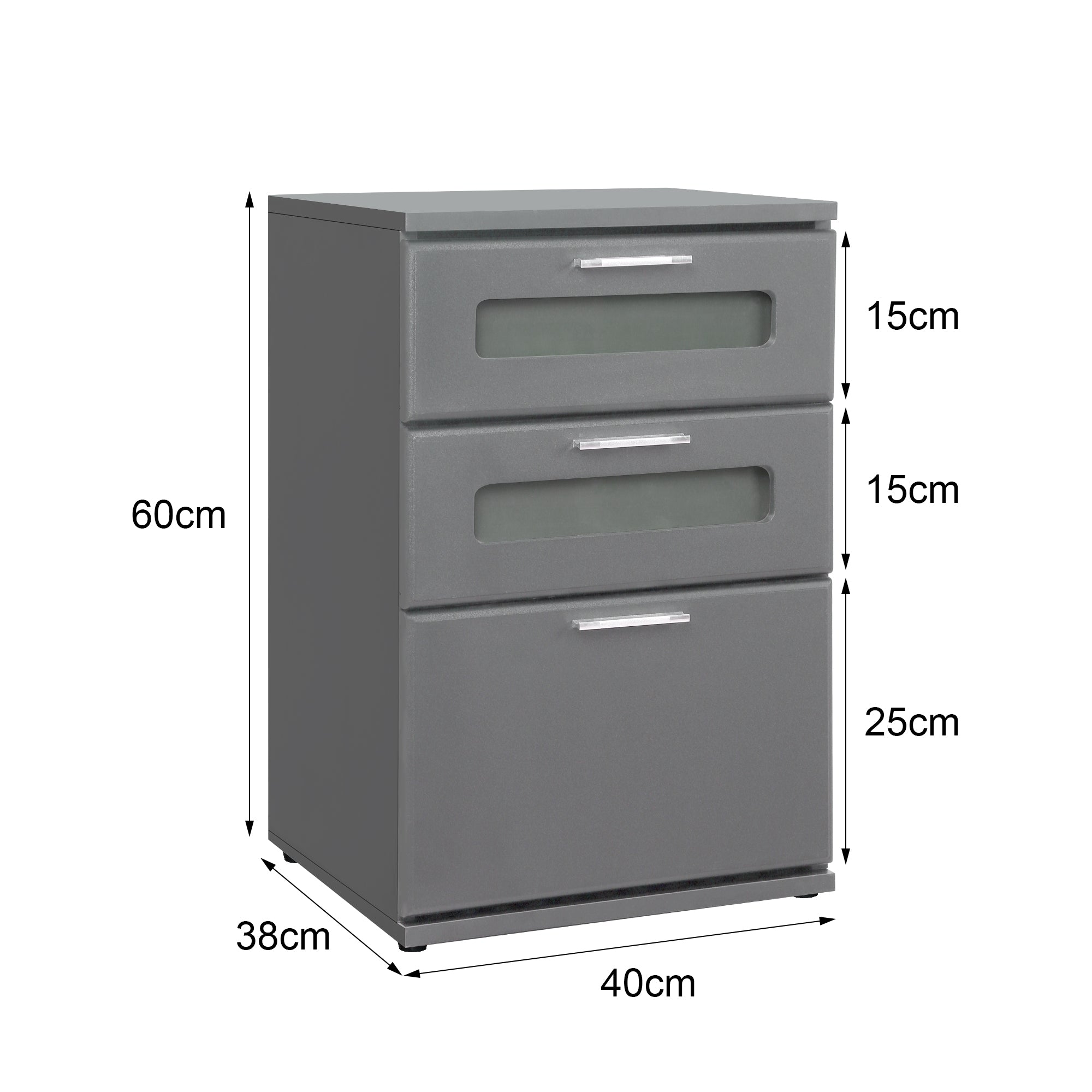 Gray cabinet with three drawers and measurements.