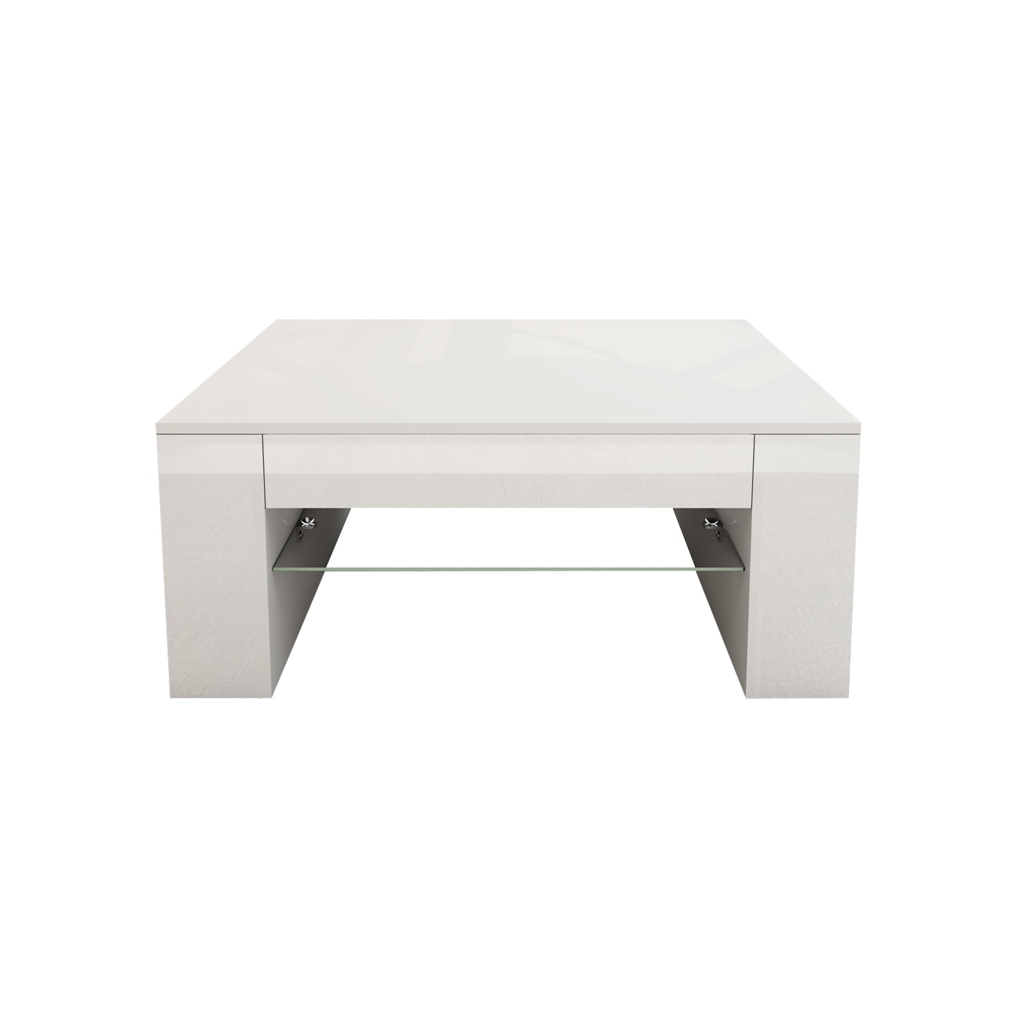 Weißer quadratischer Couchtisch mit Schublade und Glasablage.