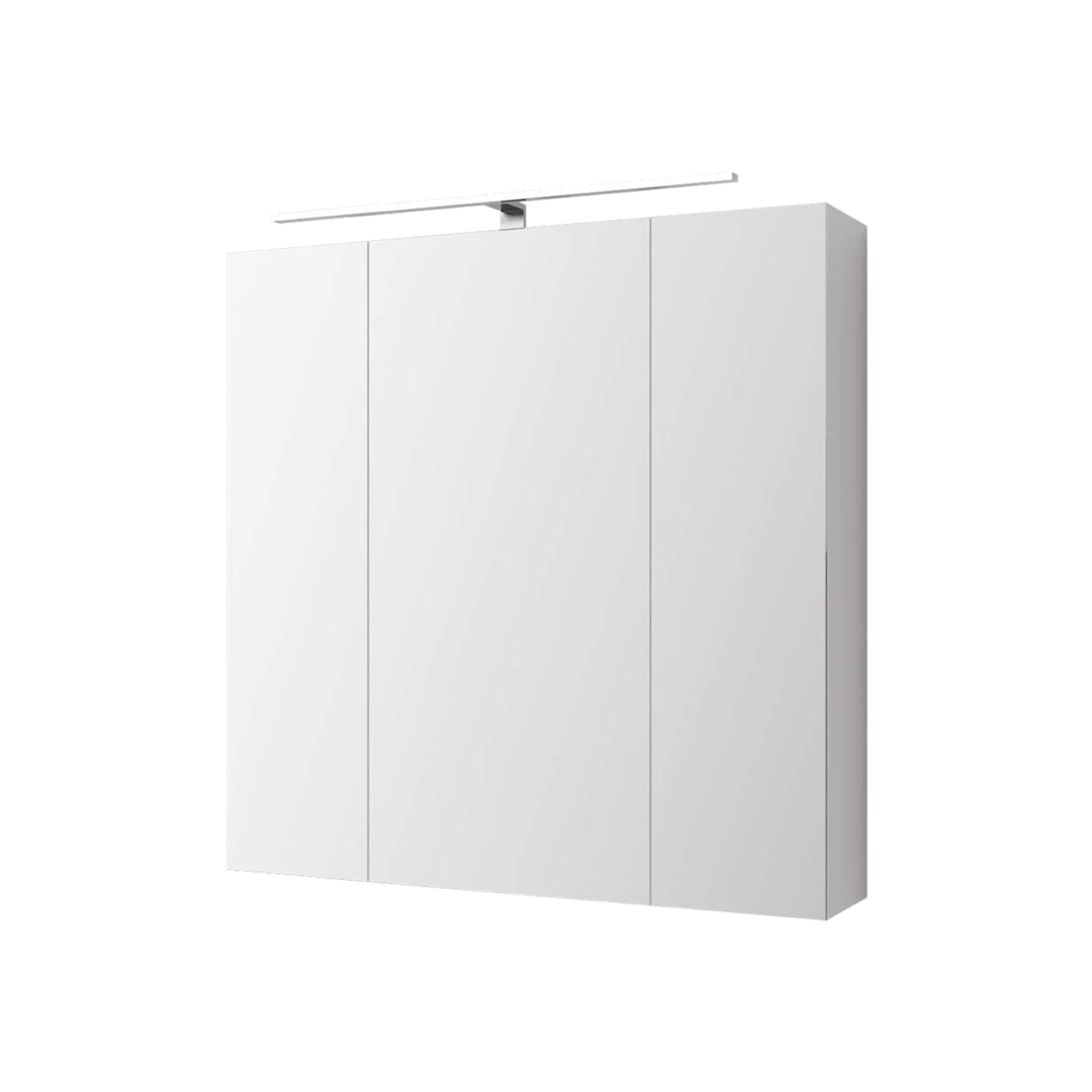 A simple white mirror cabinet with three doors.