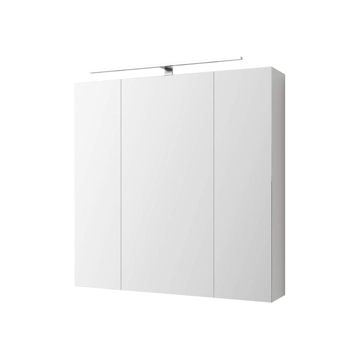 Ein schlichter, weißer Spiegelschrank mit drei Türen.