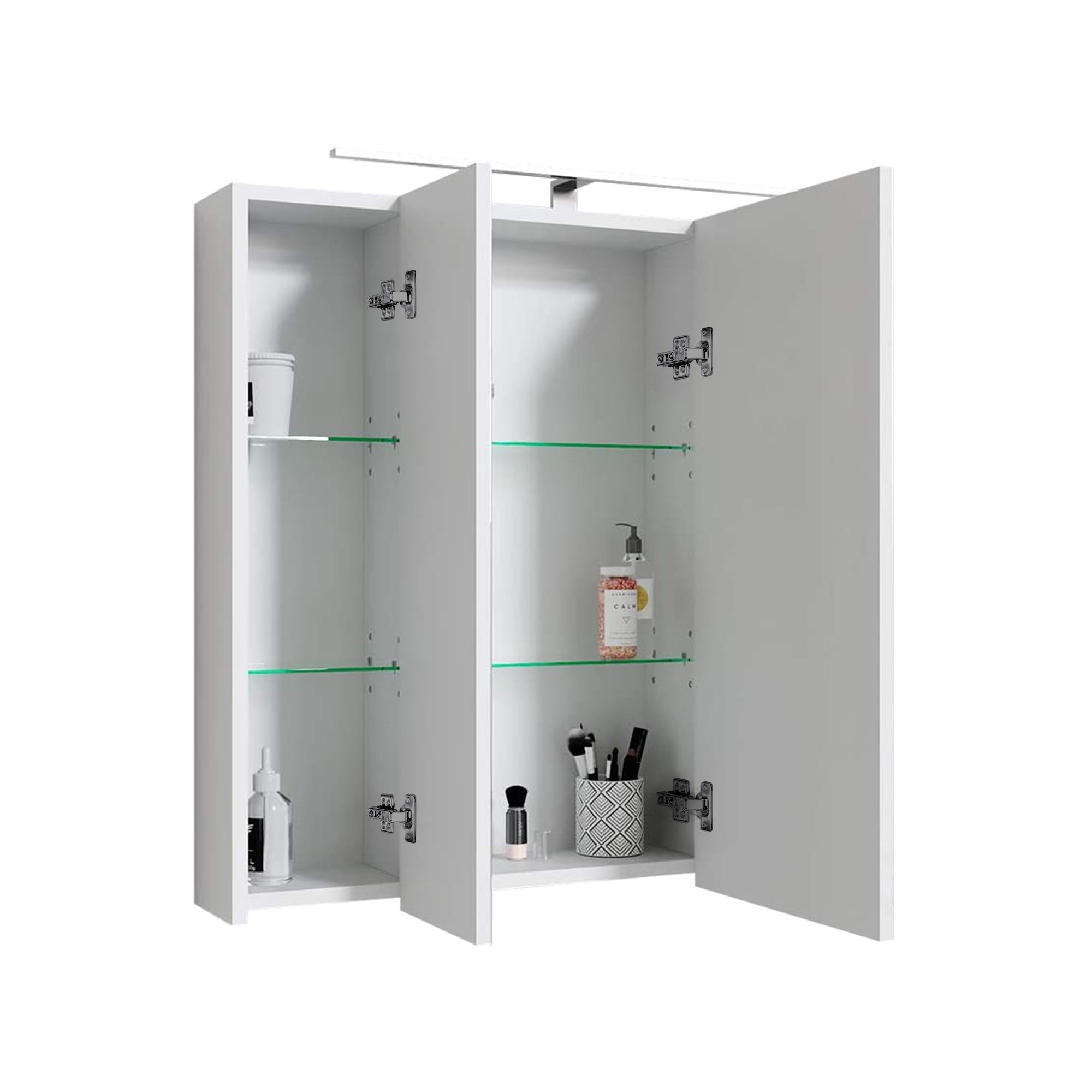 Wall cabinet with two doors, inside with care products and a mirror.