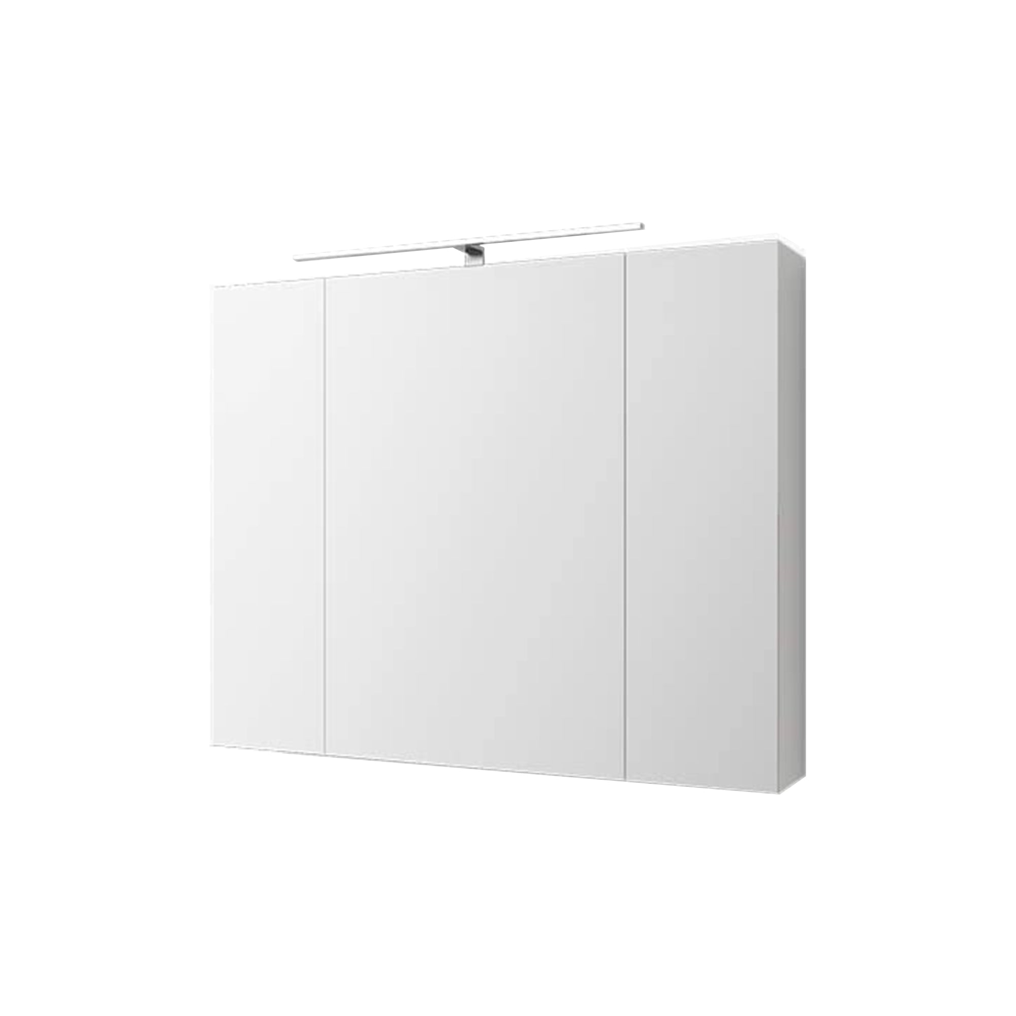Weißer Wandschrank mit drei Türen, flache Oberfläche, ohne sichtbare Griffe.