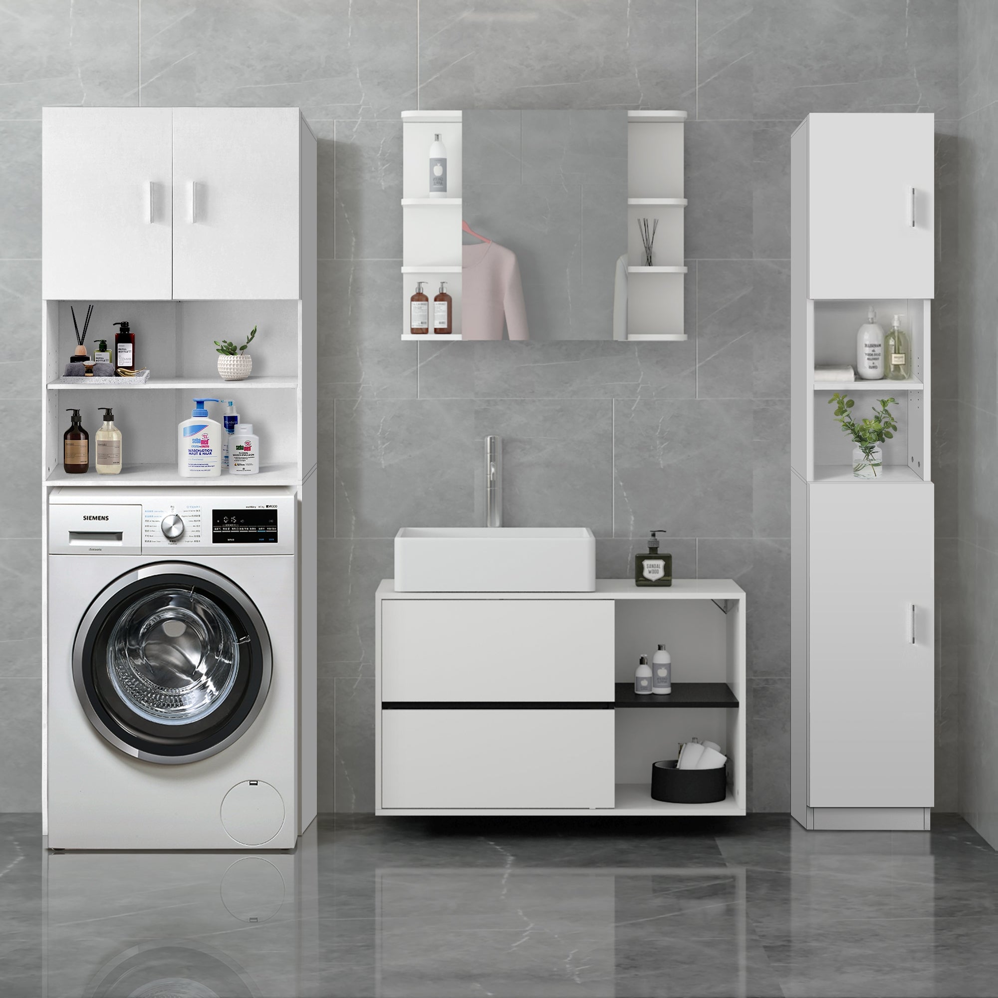 Moderne Badezimmermöbel mit Waschmaschine, Schrank und Spiegel.