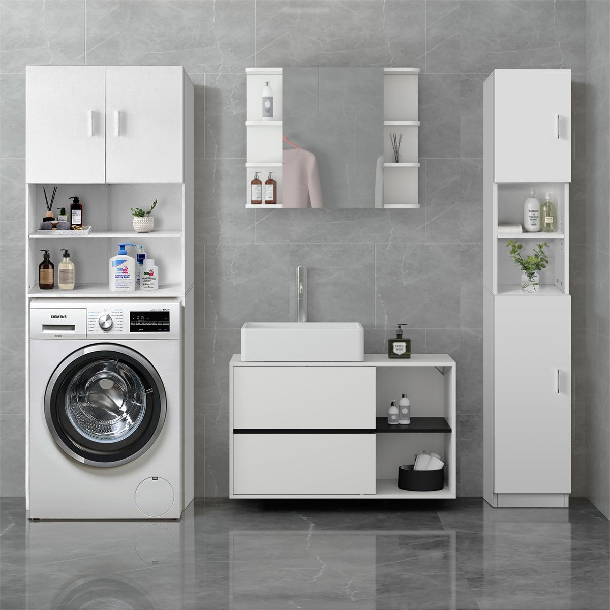 Moderne Badezimmermöbel mit Waschmaschine, Schrank und Spiegel.