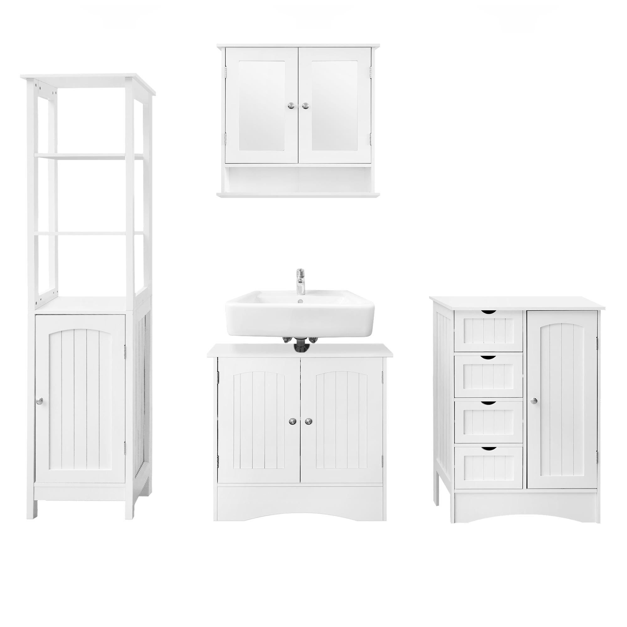 Vier weiße Möbelstücke: Schrank, Waschbecken, Kommode und Regal.