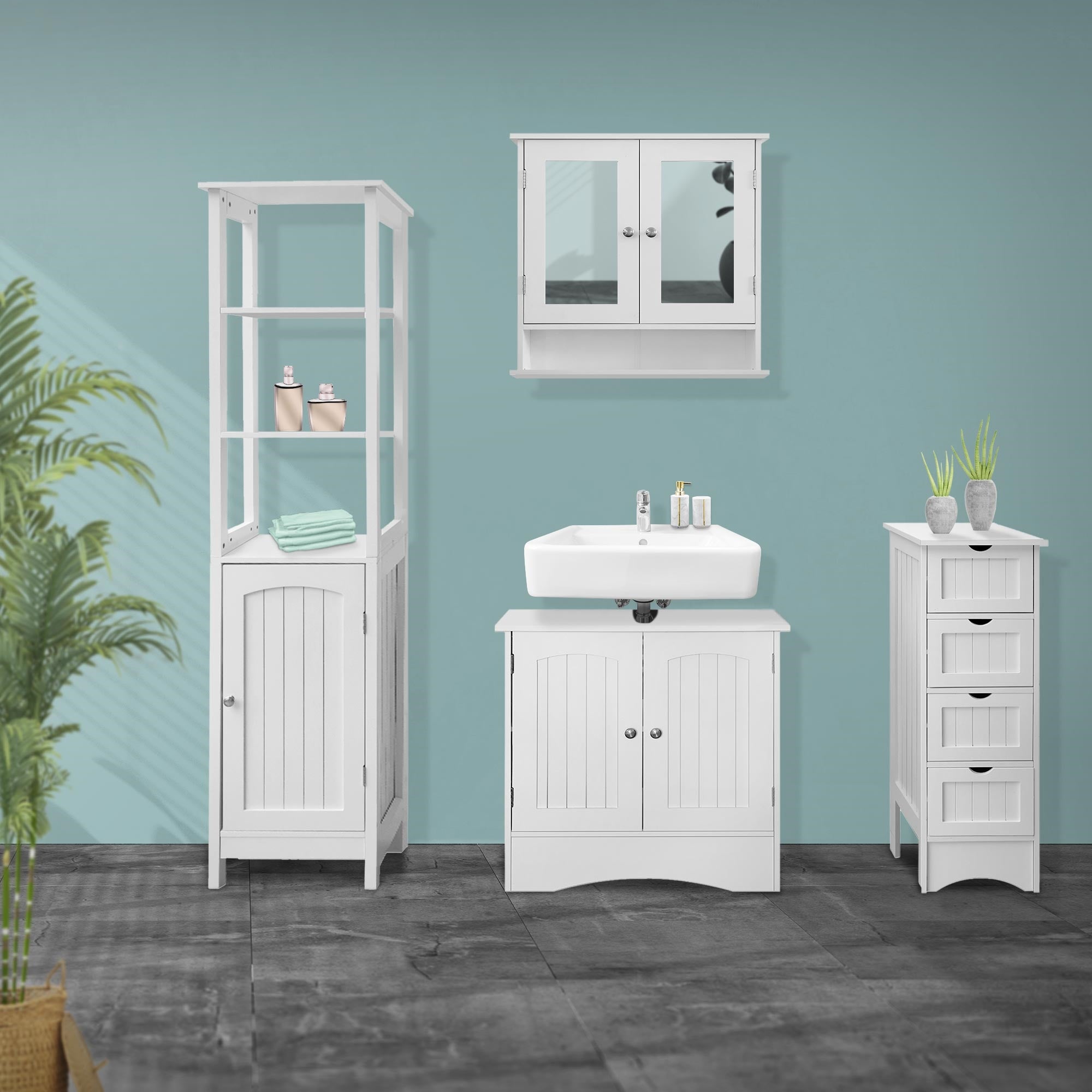 Bathroom furniture set with sink, cabinet, and shelf, decorated with plants.
