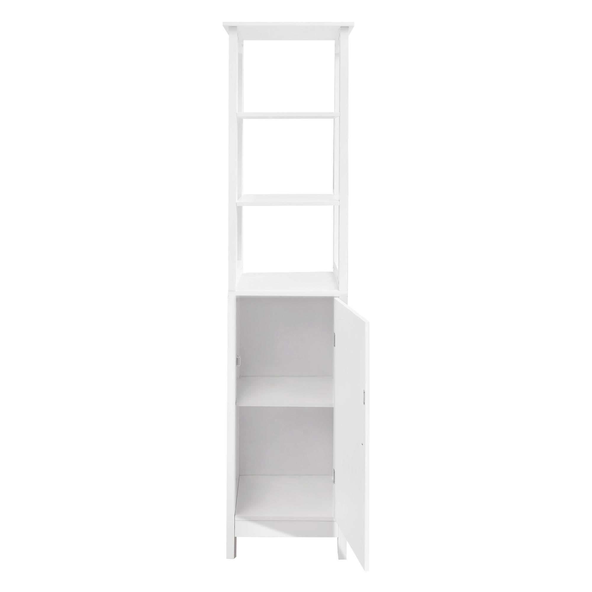 Narrow, white cabinet with shelves and one door.