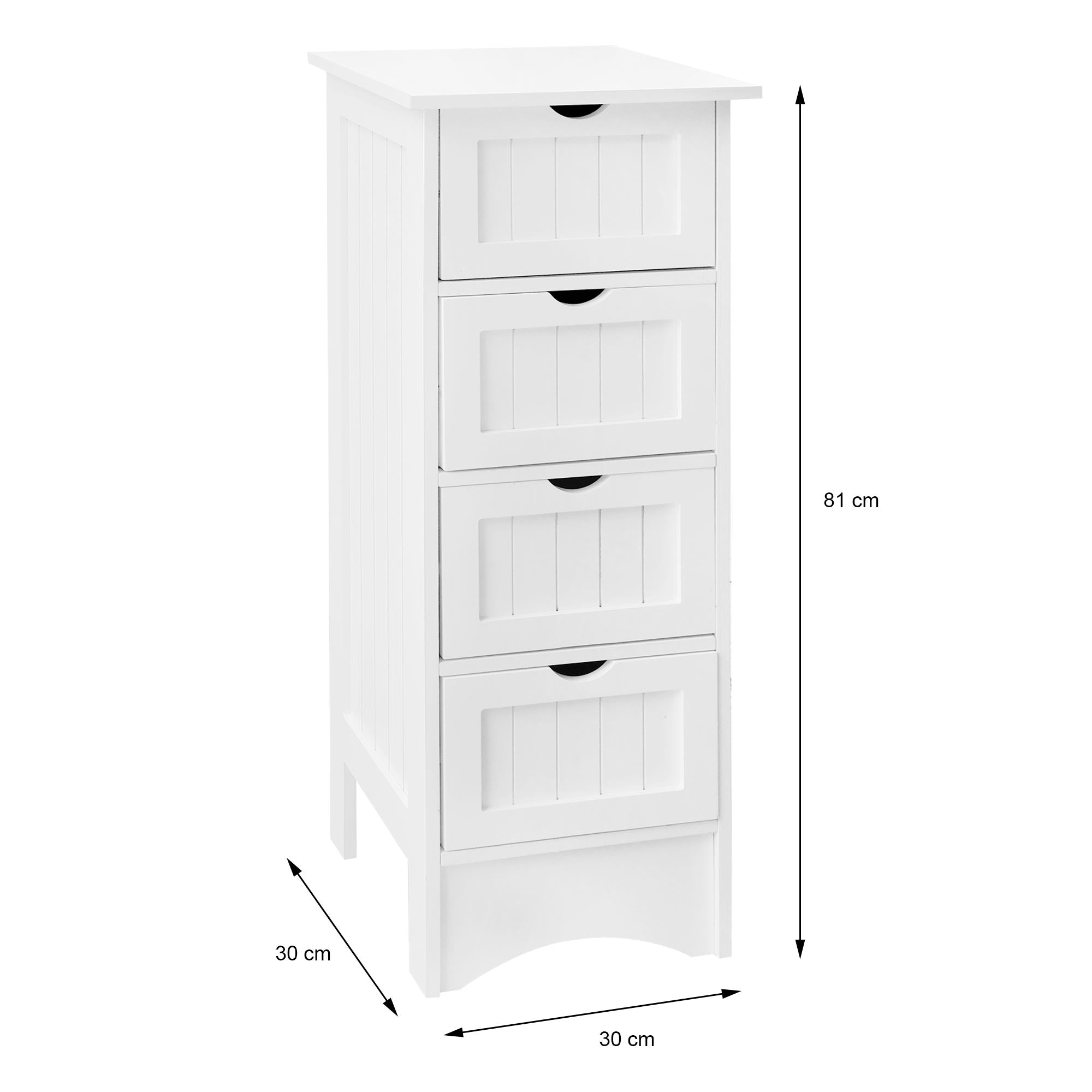 Weißer Schrank mit vier Schubladen, Höhe 81 cm, Breite 30 cm, Tiefe 30 cm.