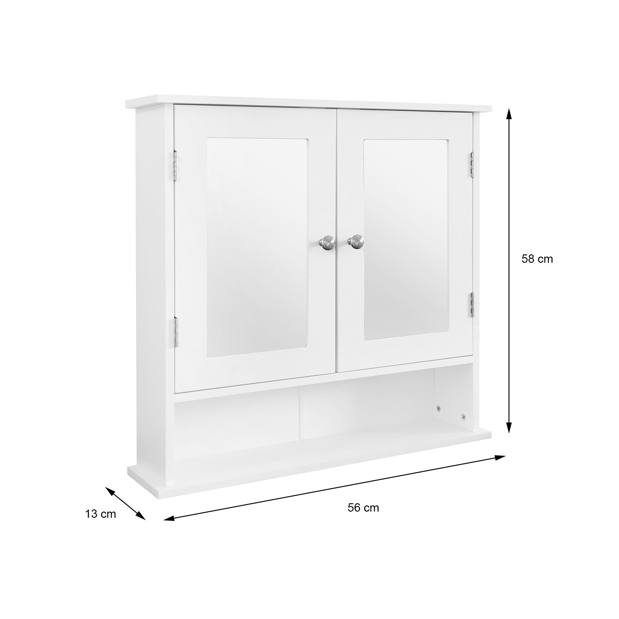 Ein weißer Schrank mit zwei Spiegeltüren und einem offenen Fach darunter.