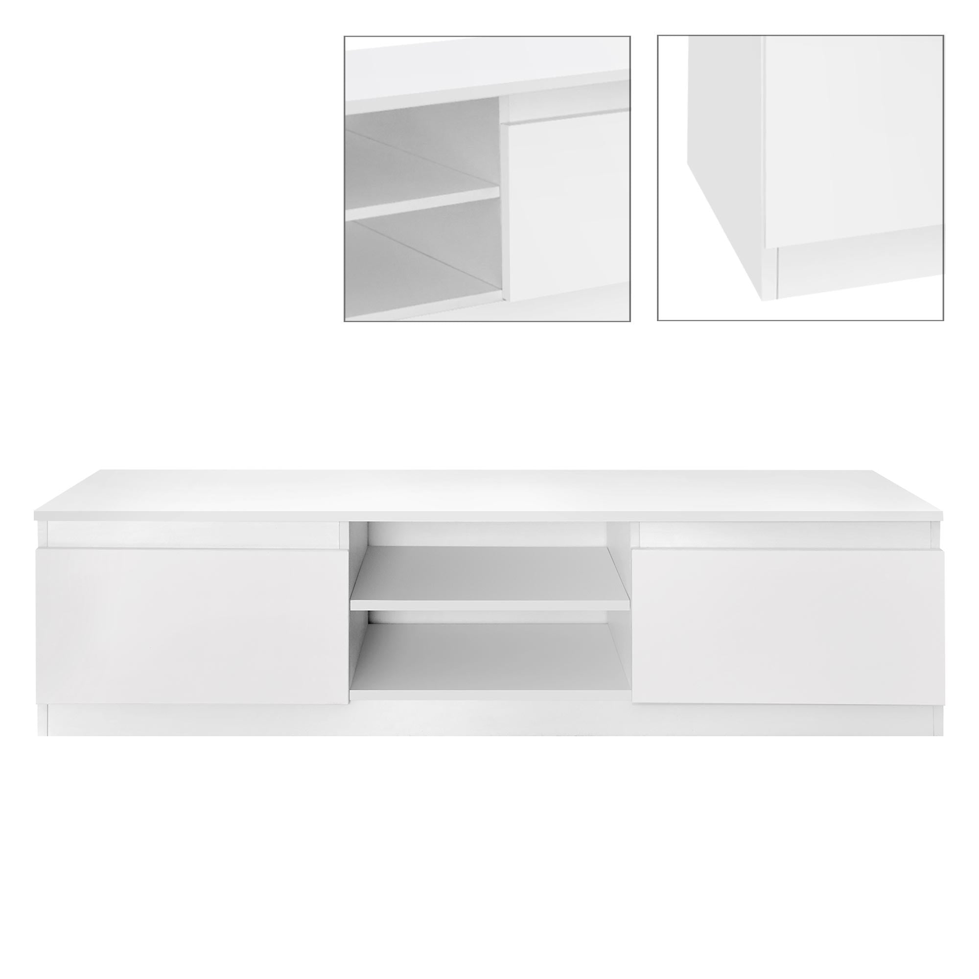 Un mobile bianco con due cassetti e un vano aperto, vista dettagliata.