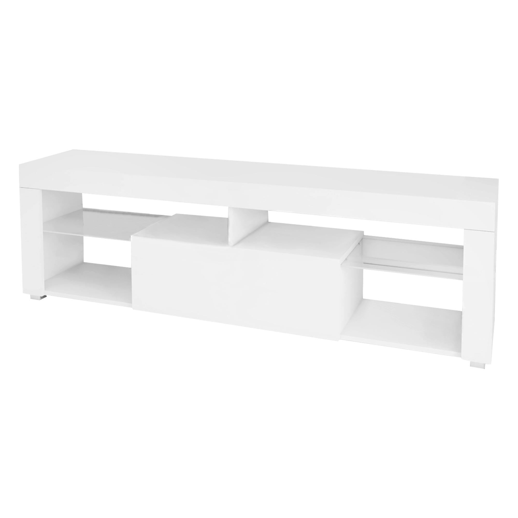 Weißer TV-Schrank mit Regalen und einem zentralen Kasten.