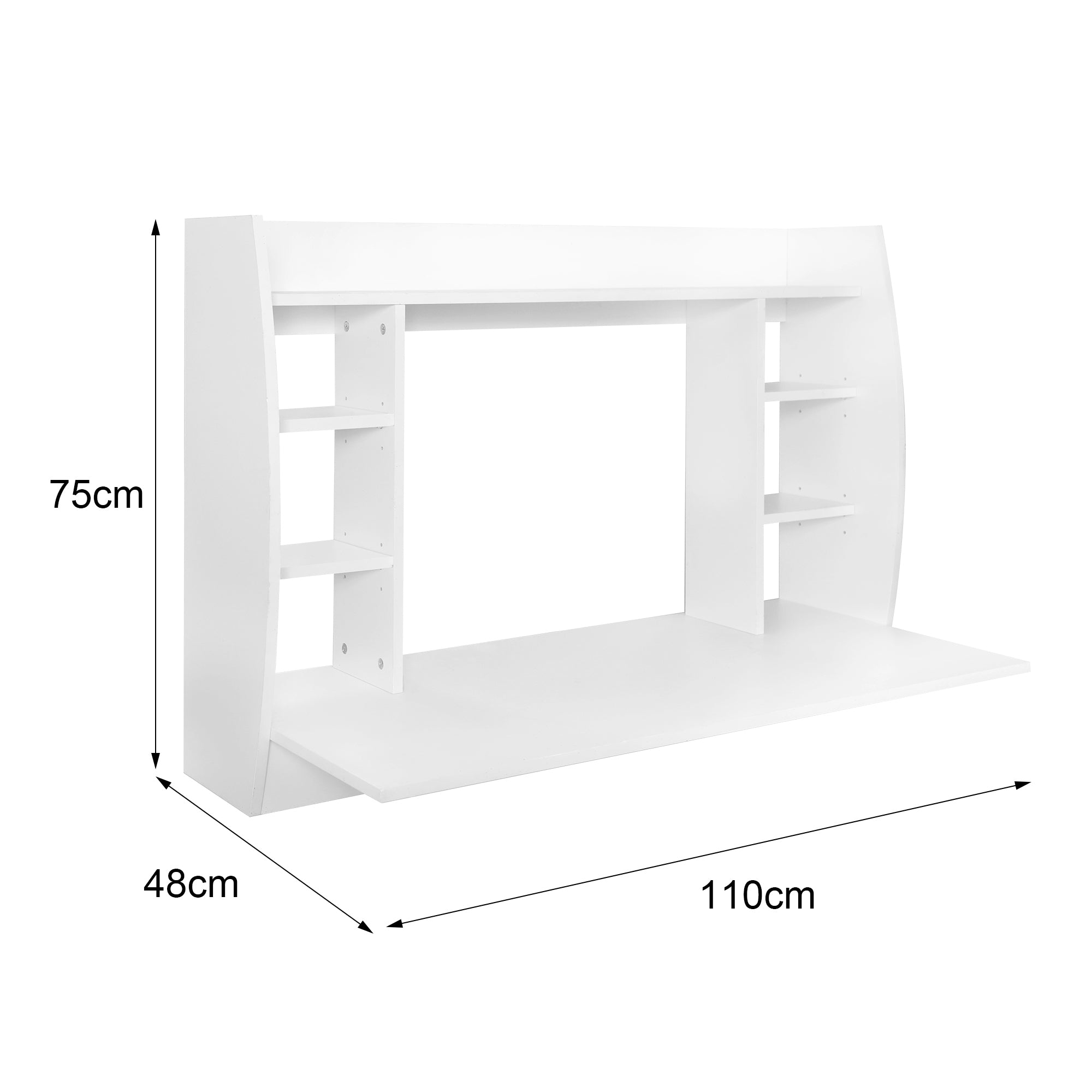 Maßzeichnung eines weißen Schreibtisches mit Regalen, 75cm hoch und 110cm breit.