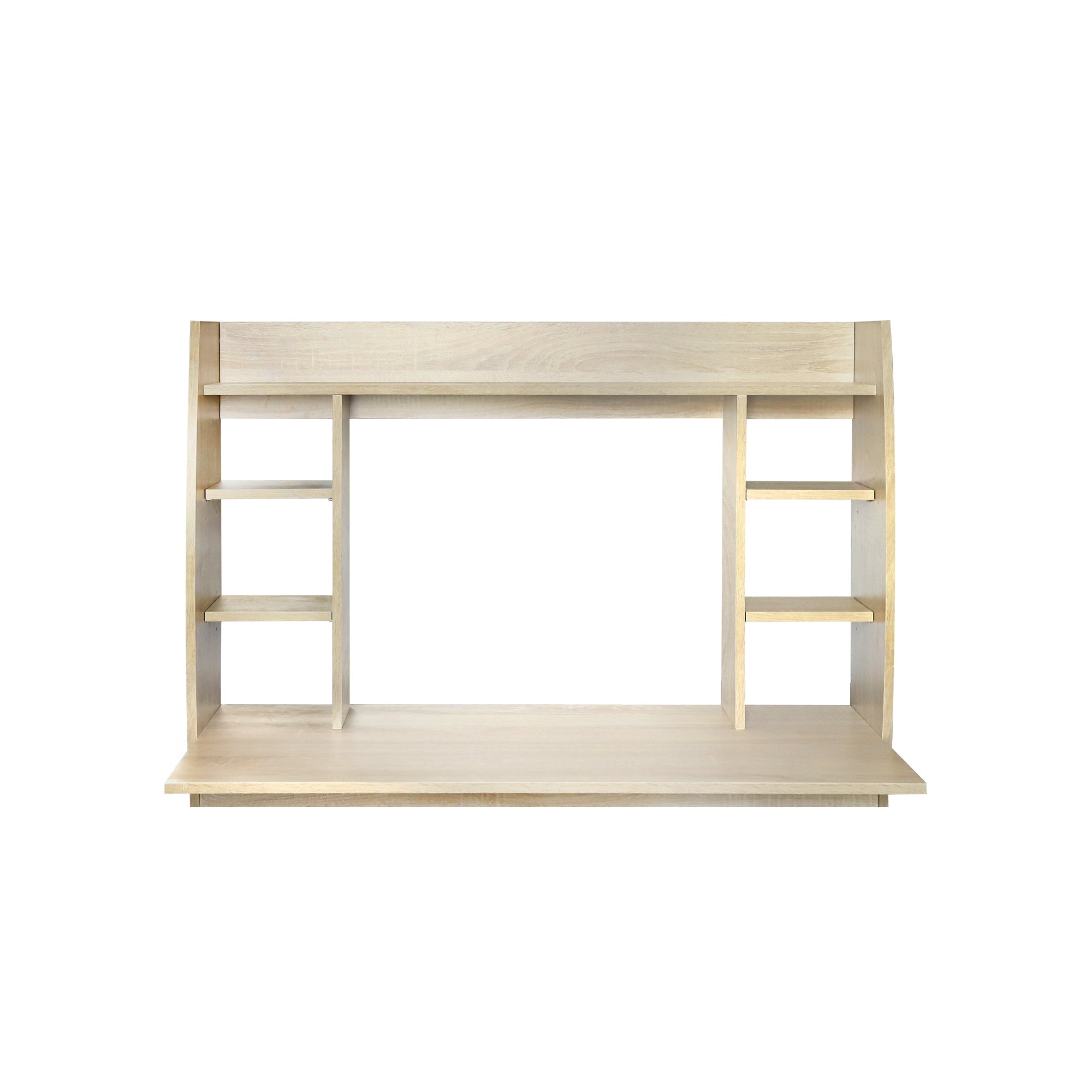 Lyst skrivebord med hylder, uden yderligere genstande.