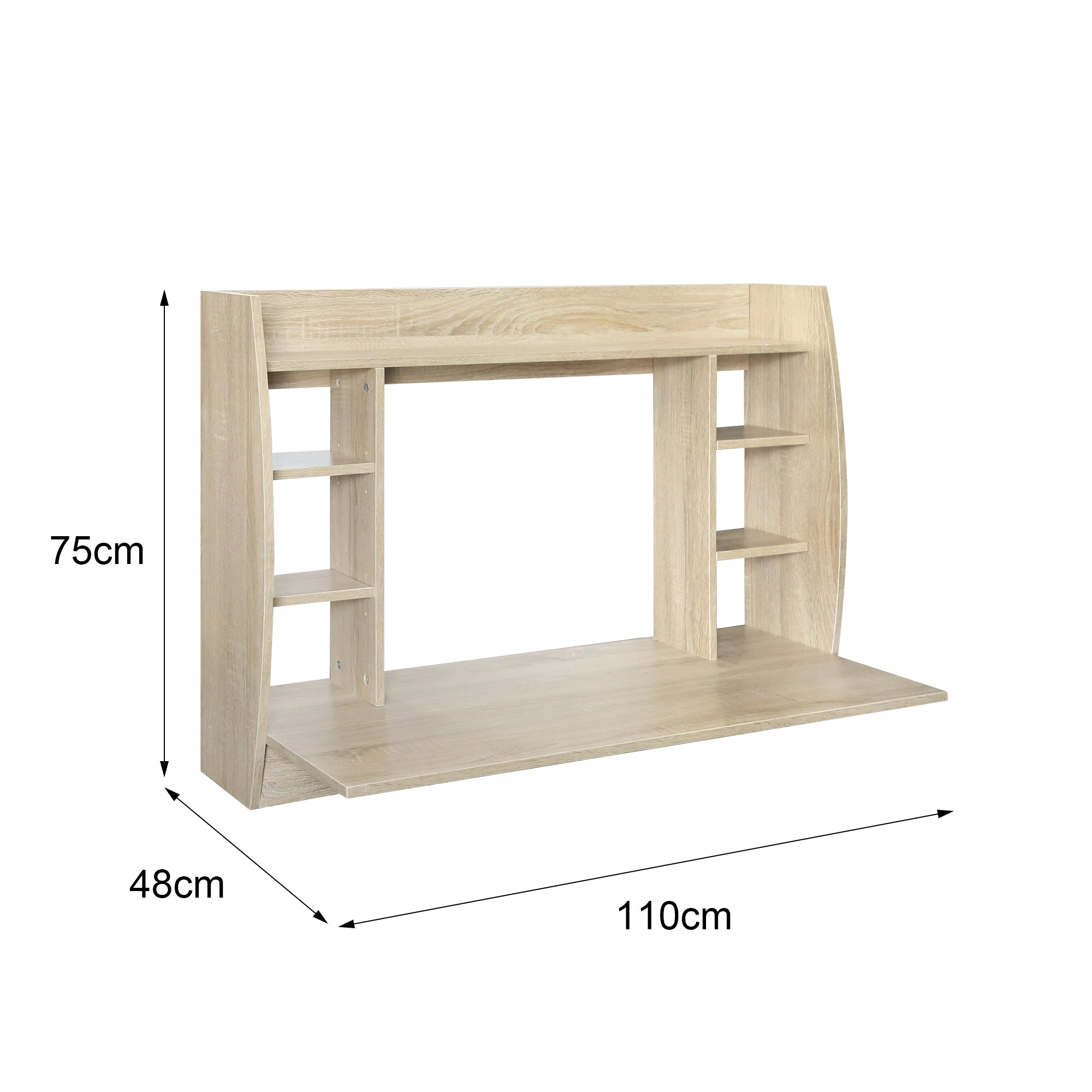 Måltegning af et lyst skrivebord med hylder, 75 cm højt og 110 cm bredt.