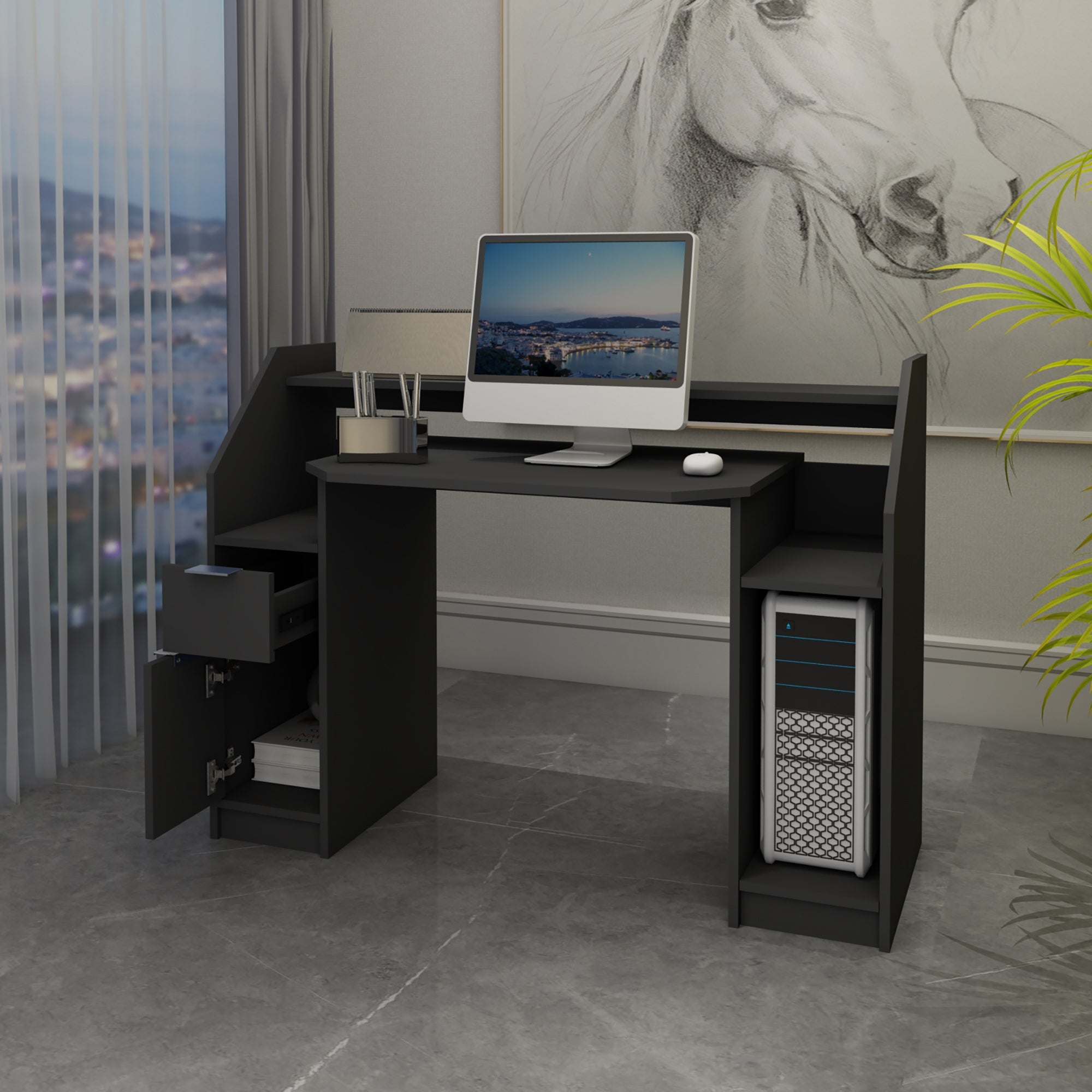 Zwarte bureau met computer en geopende lade.