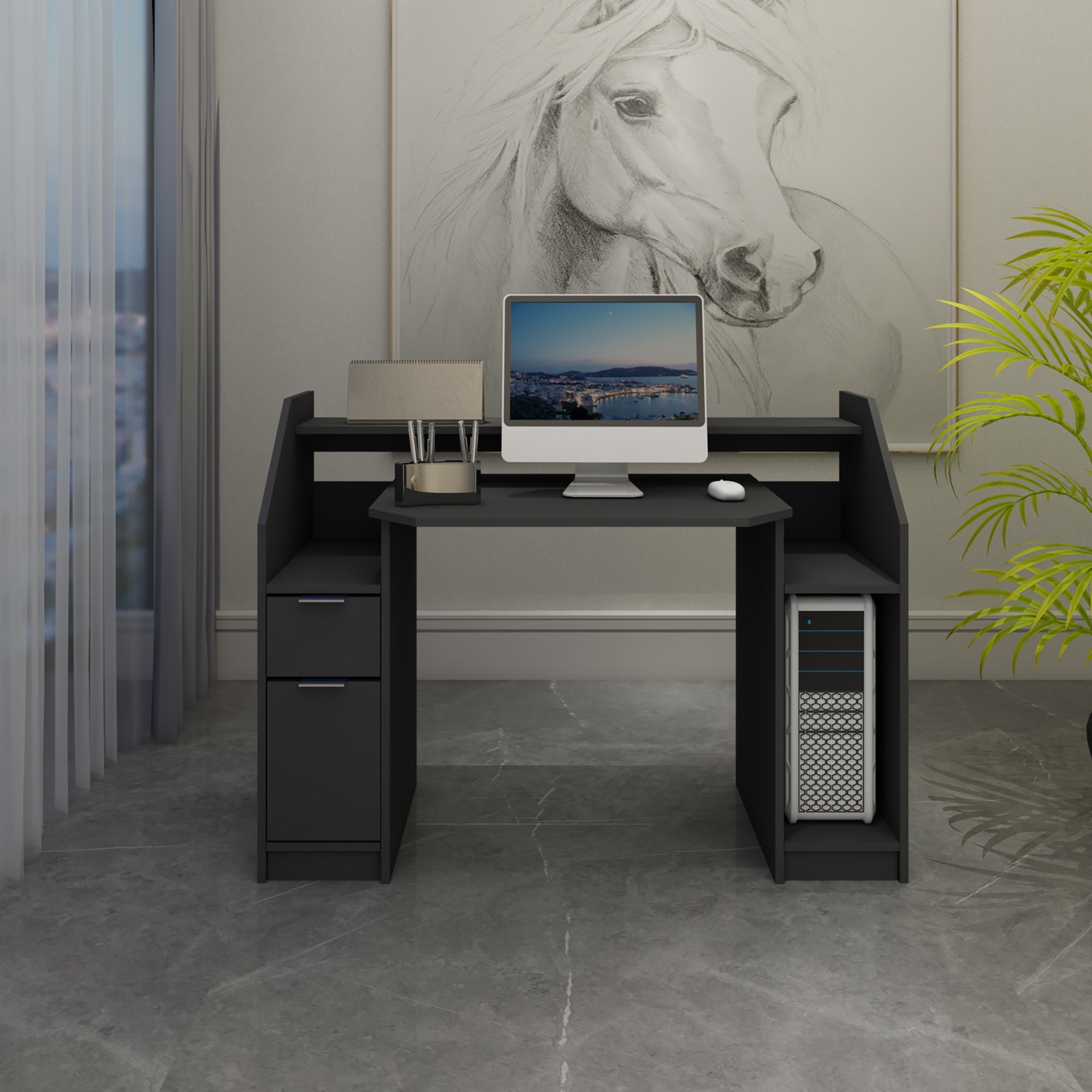 Bureau in een kamer, met computer en planten, muurschildering van een paard.