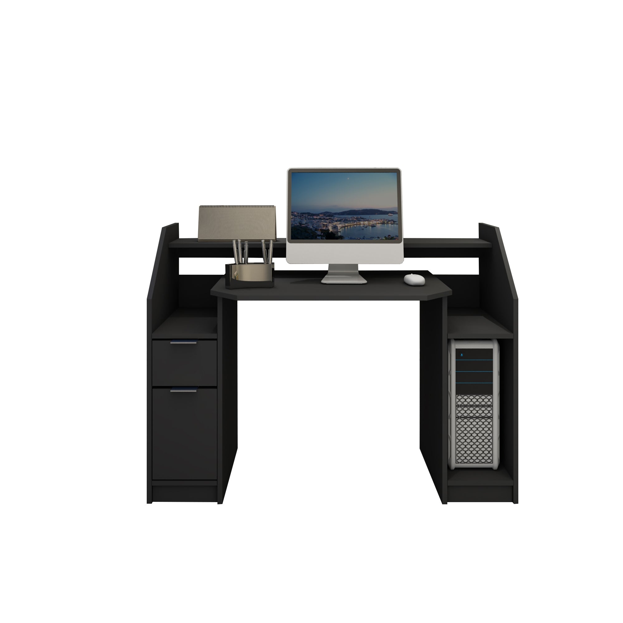 Bureau met computer, lamp en lades in het zwart.