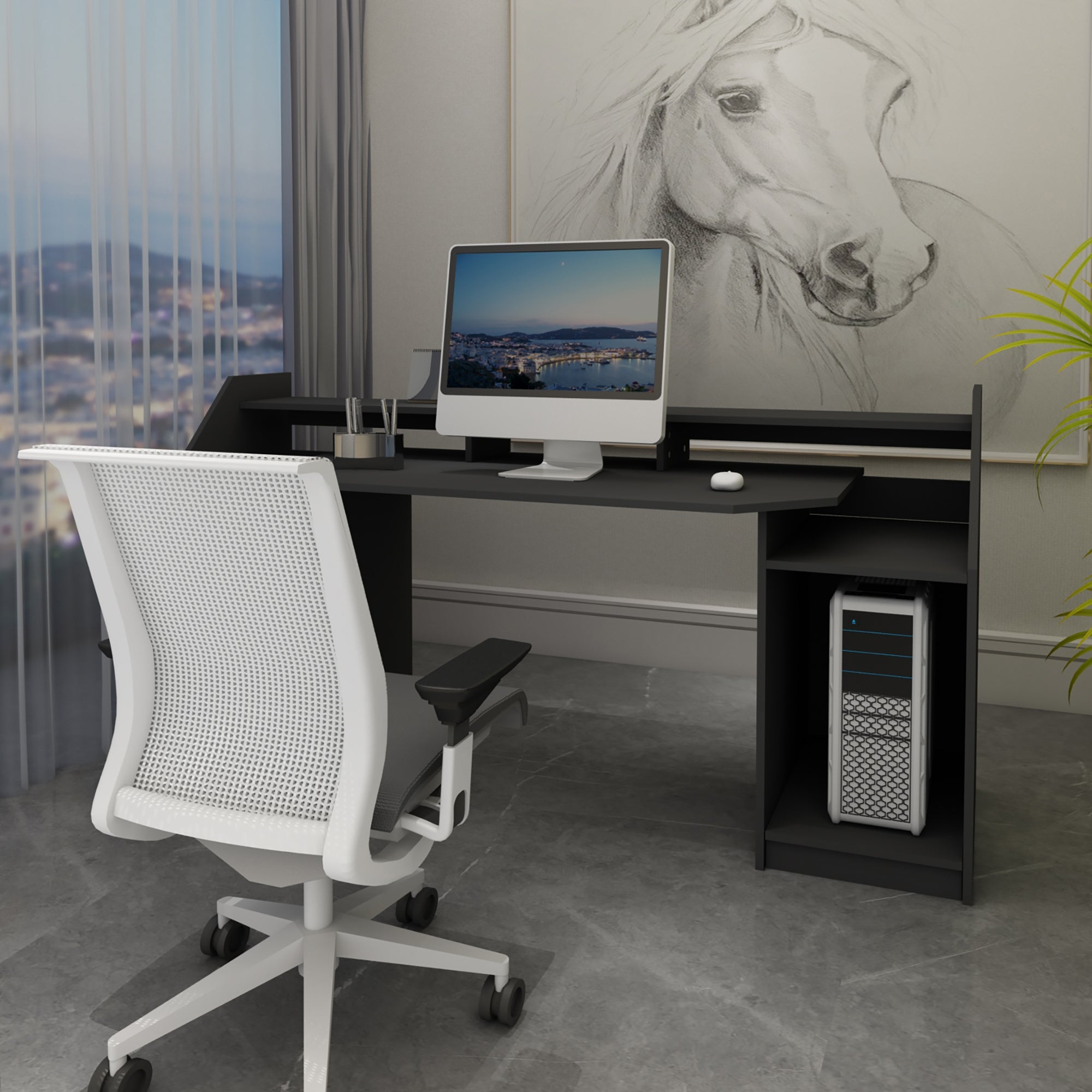 Black desk with computer and chair, with a horse picture in the background.