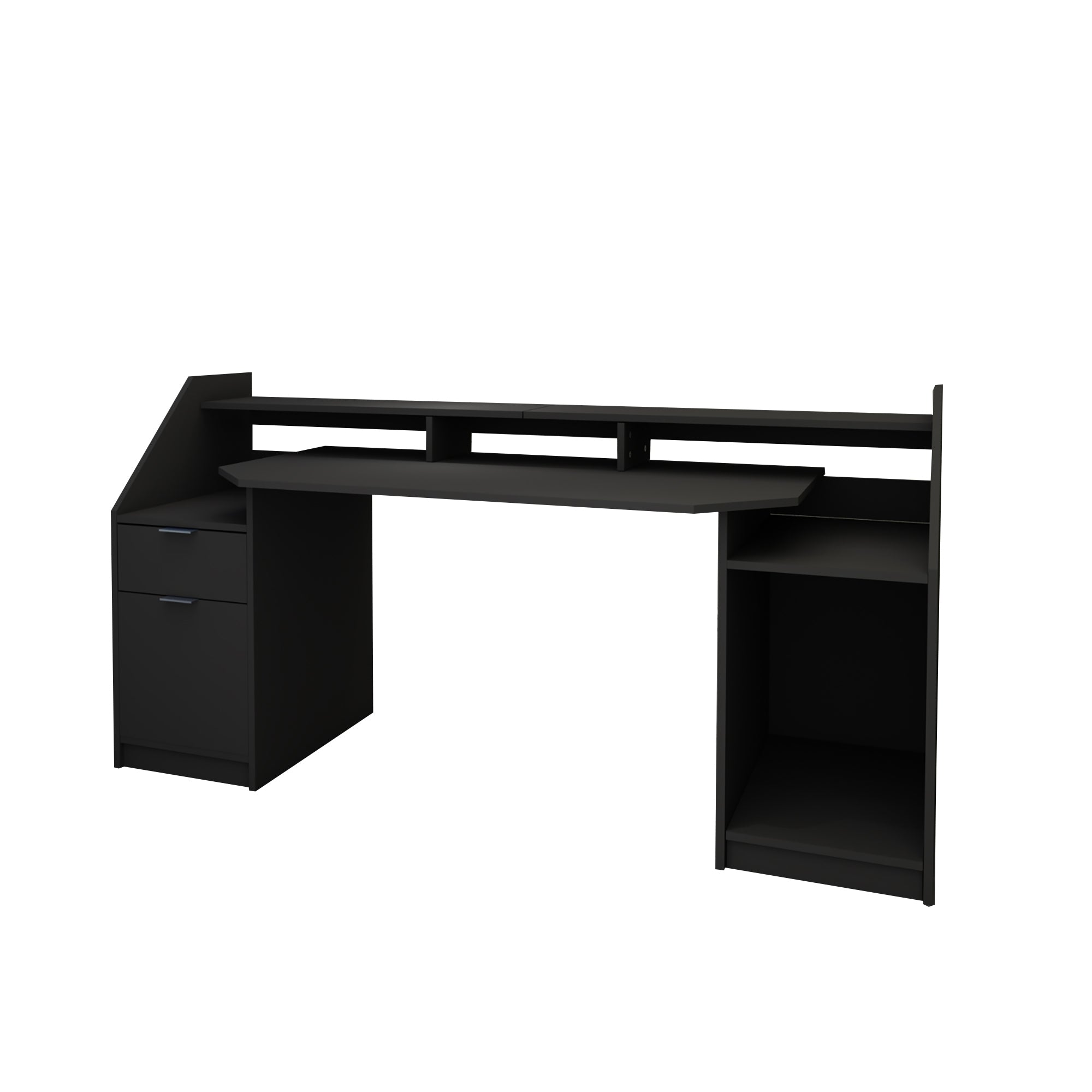 Black desk with drawer and open shelves.
