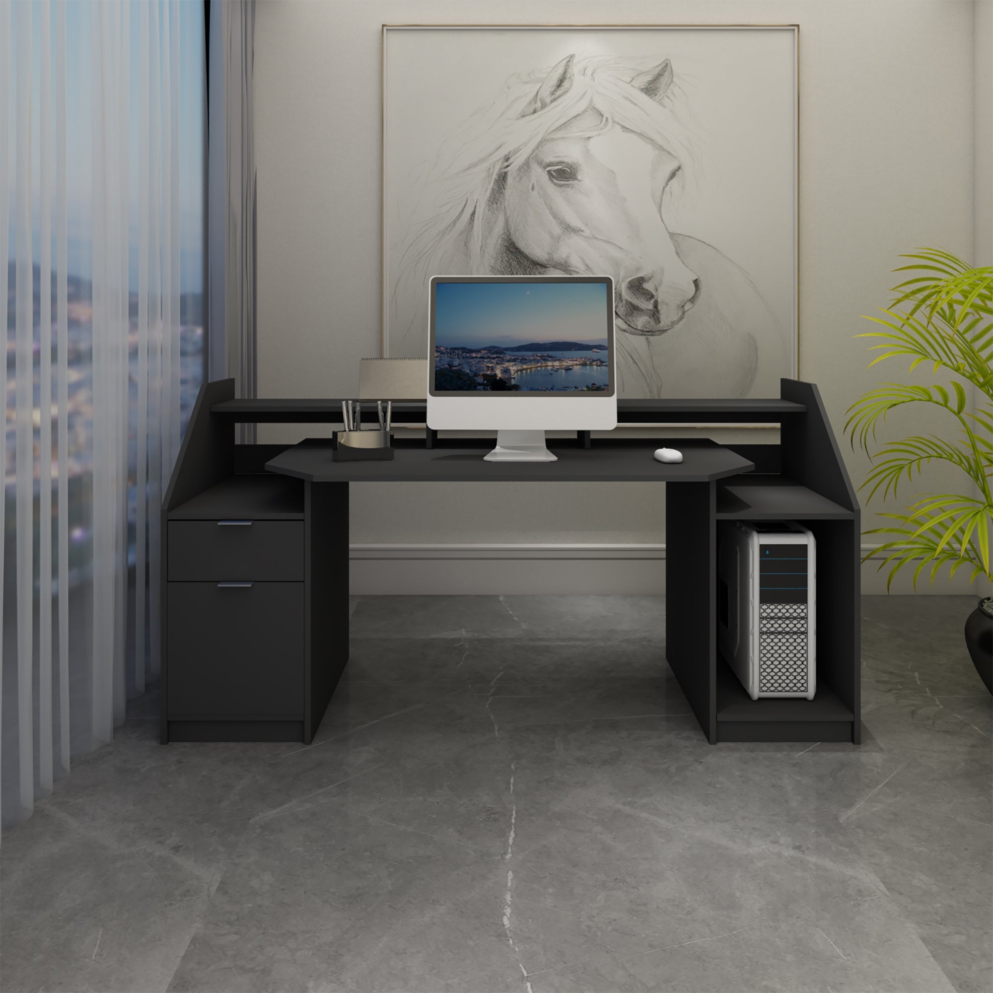 Black desk with computer, monitor, and a horse picture in the background.