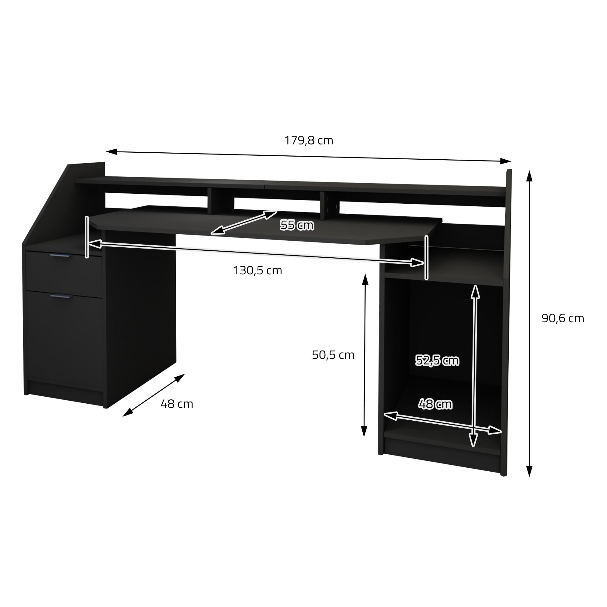 Desk with dimensions, black, with drawer and shelves.