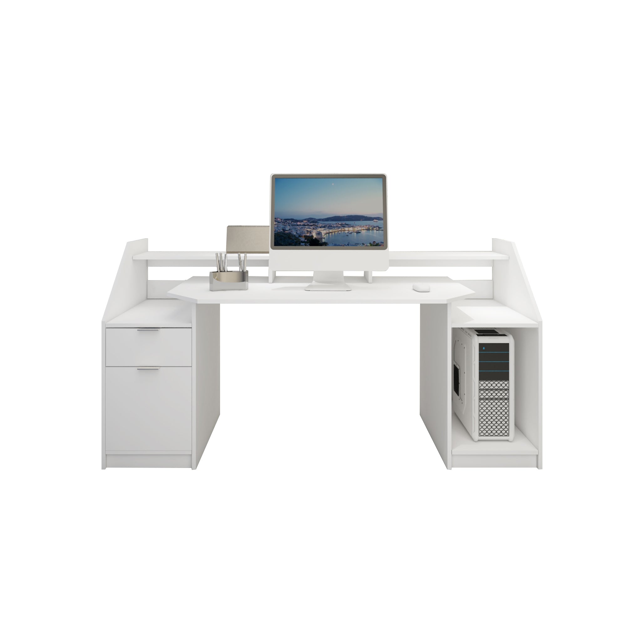 Weißer Schreibtisch mit Computer, Monitor und zwei Schubladen.