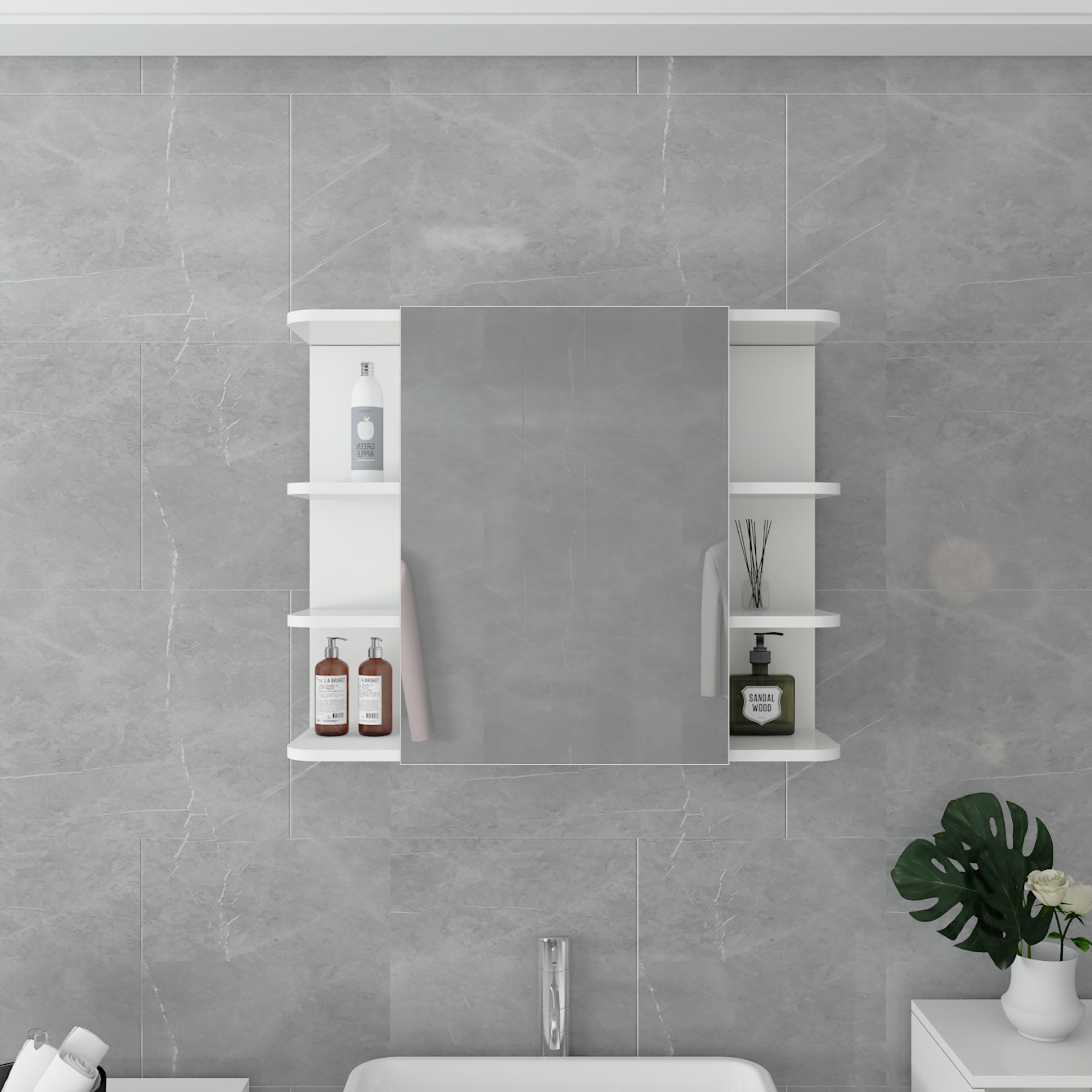 Mirror with shelves on a gray wall, bottle and plant visible.