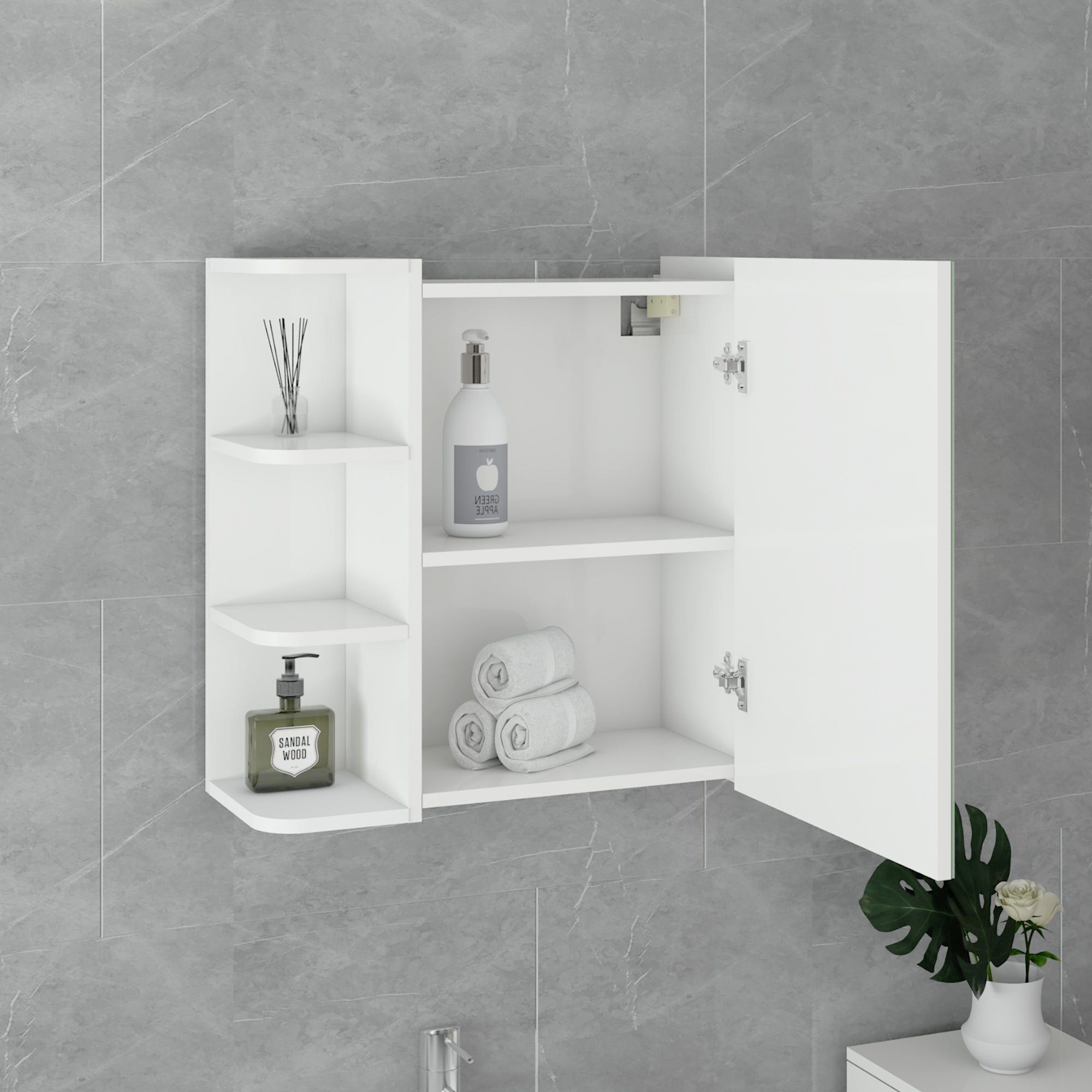 Mensola a muro con due porte, tre ripiani e prodotti per la cura in un bagno.
