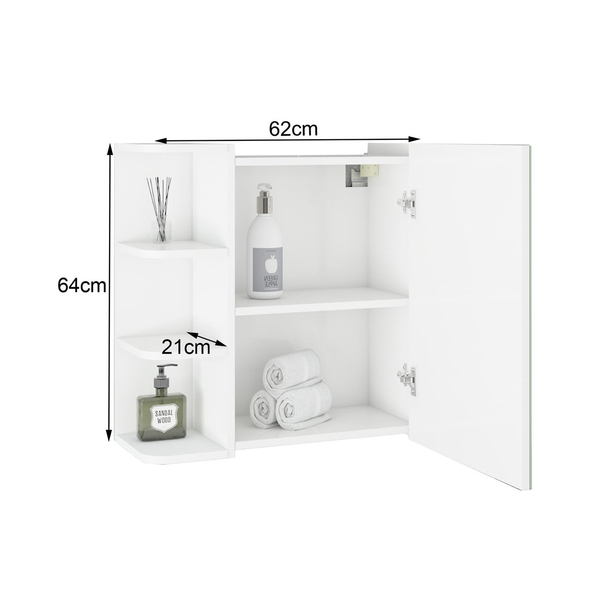 Weißer Schrank mit zwei Türen, Regalen und Pflegeprodukten im Inneren.
