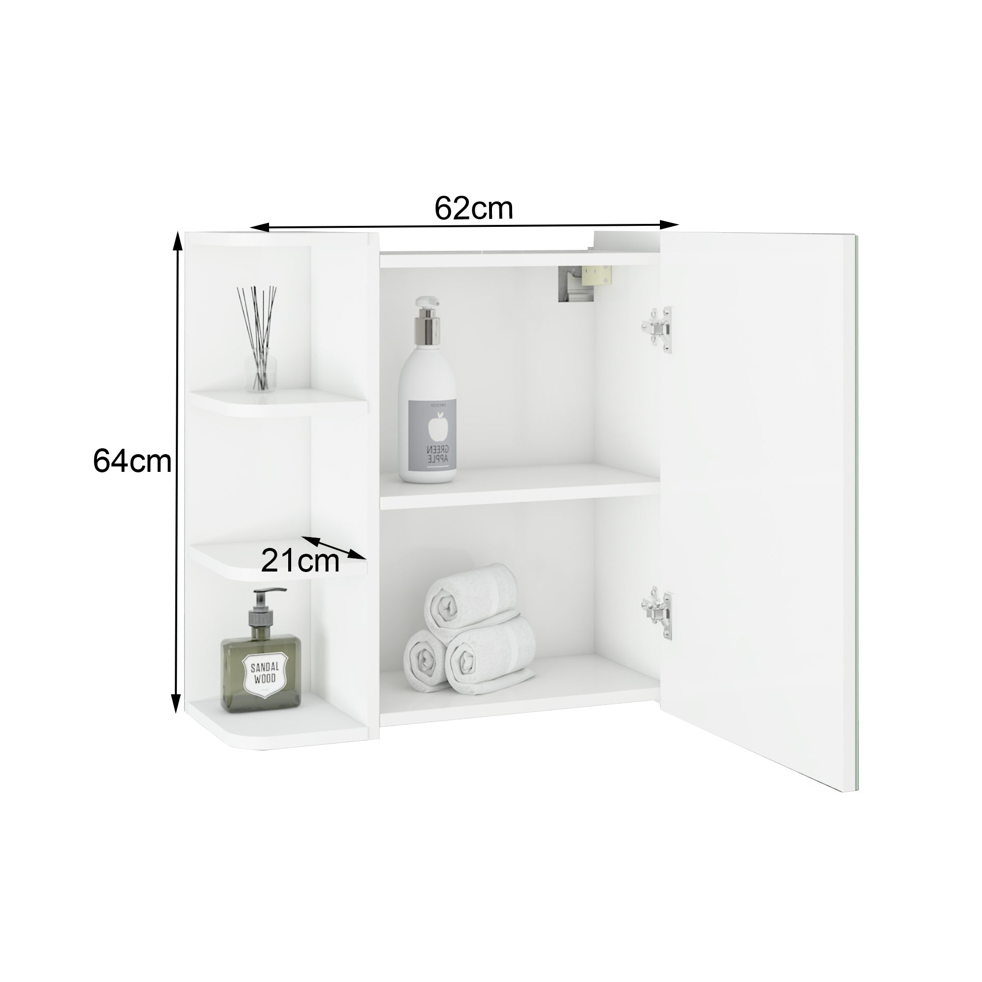 Weißer Schrank mit zwei Türen, Regalen und Pflegeprodukten im Inneren.