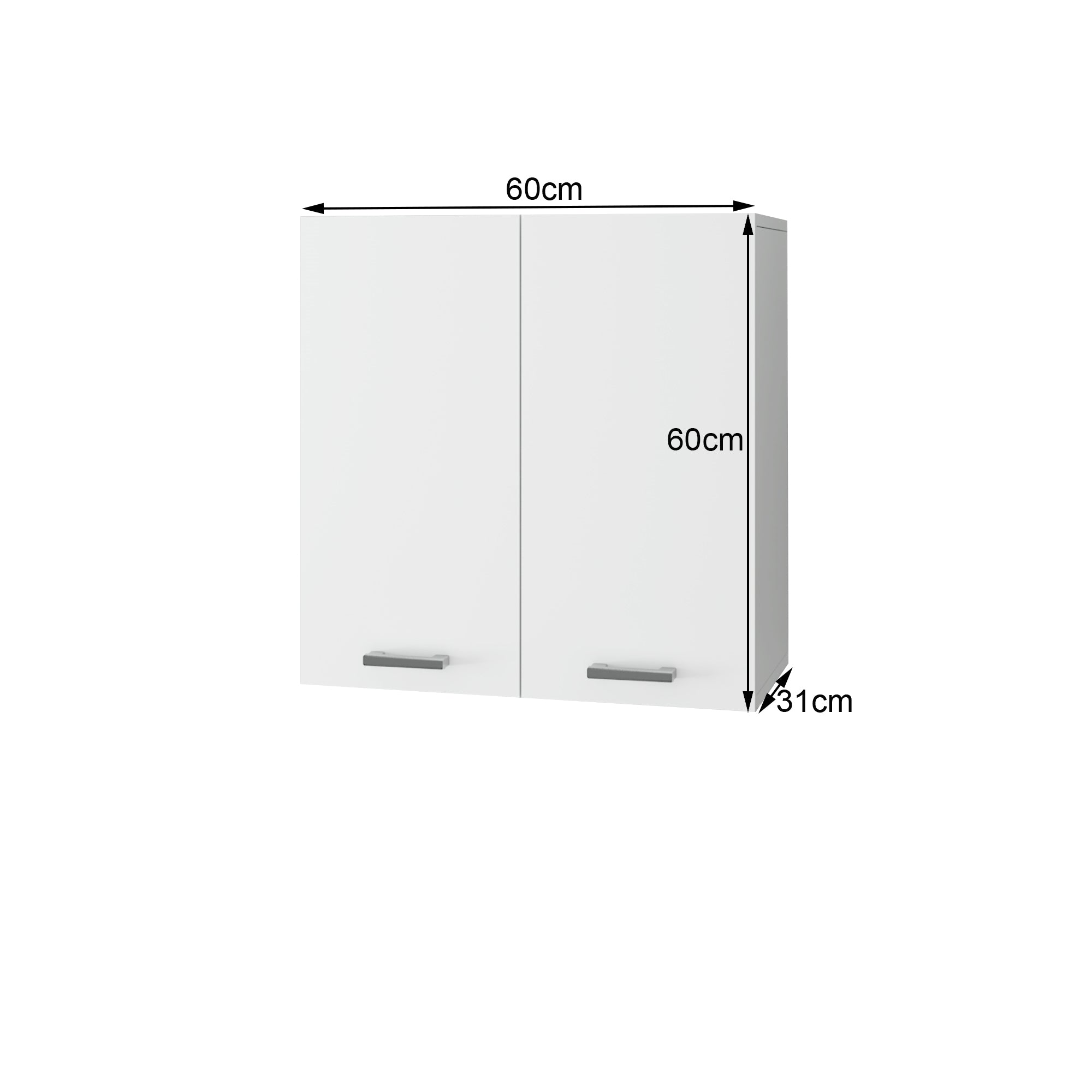 Weißer Wandschrank mit zwei Türen und Maßangaben.
