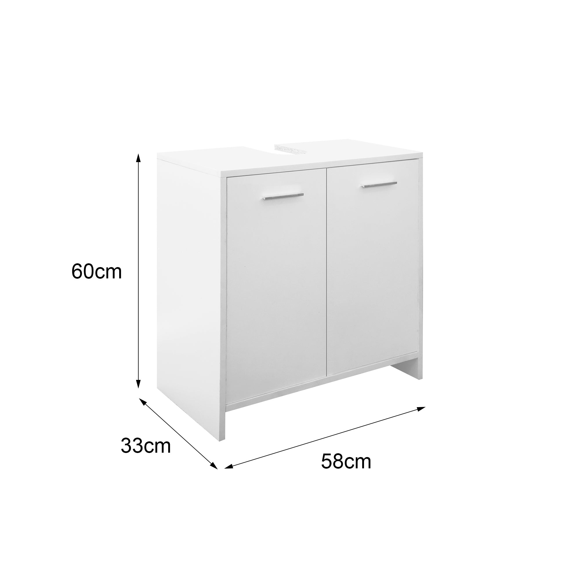 Hvidt skab med to døre og mål: 60cm højde, 33cm dybde, 58cm bredde.