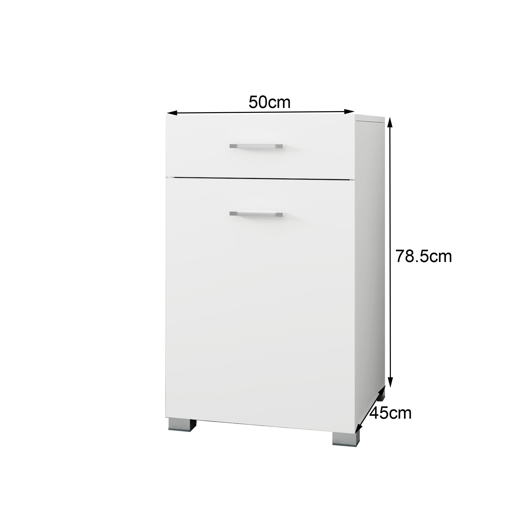 Måltegning af et hvidt skab med 78,5cm højde og 50cm bredde.
