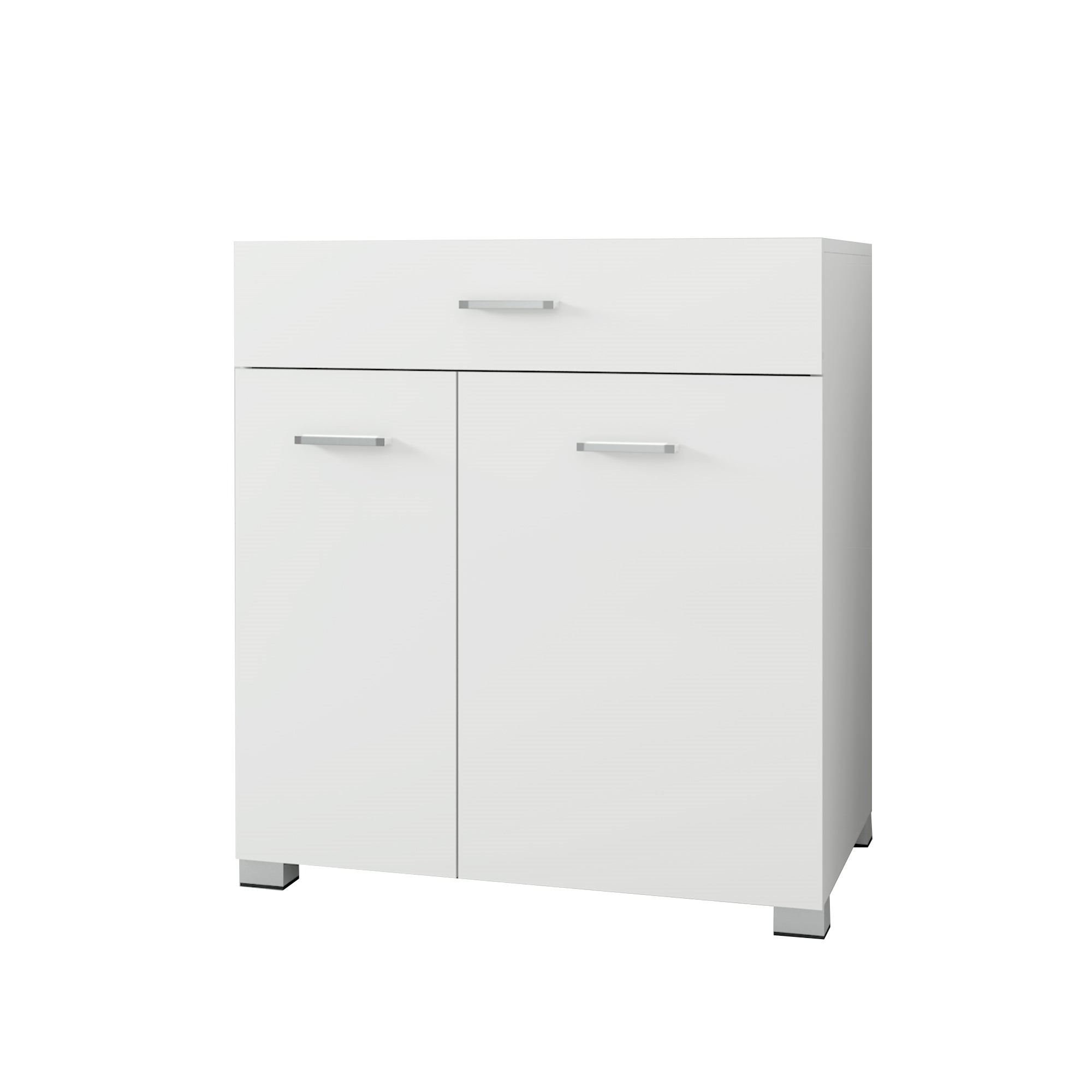White cabinet with two doors and one drawer.