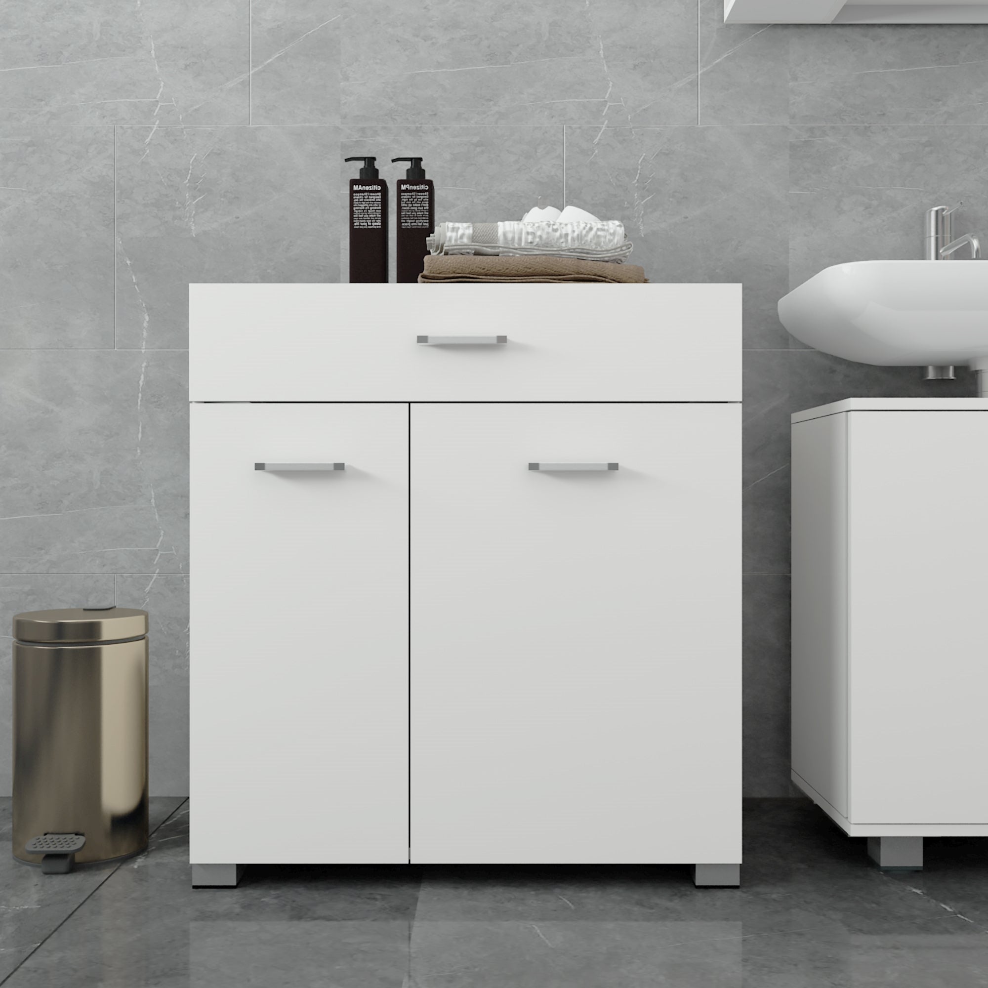 White cabinet with two doors, sink, and care products.