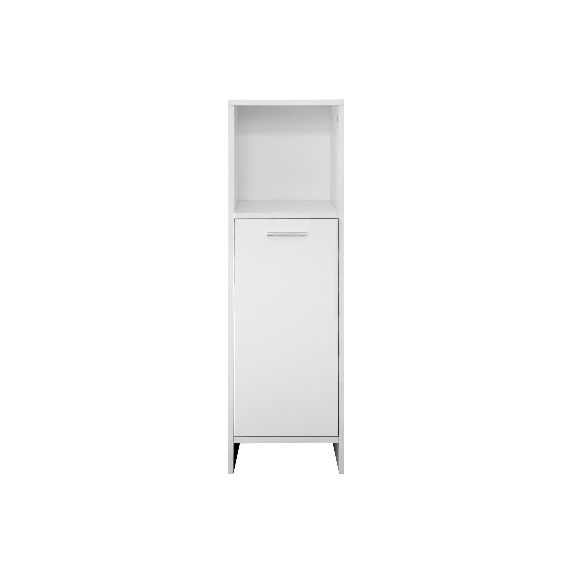 Ein schmaler, weißer Schrank mit einer Tür und einem offenen Fach.