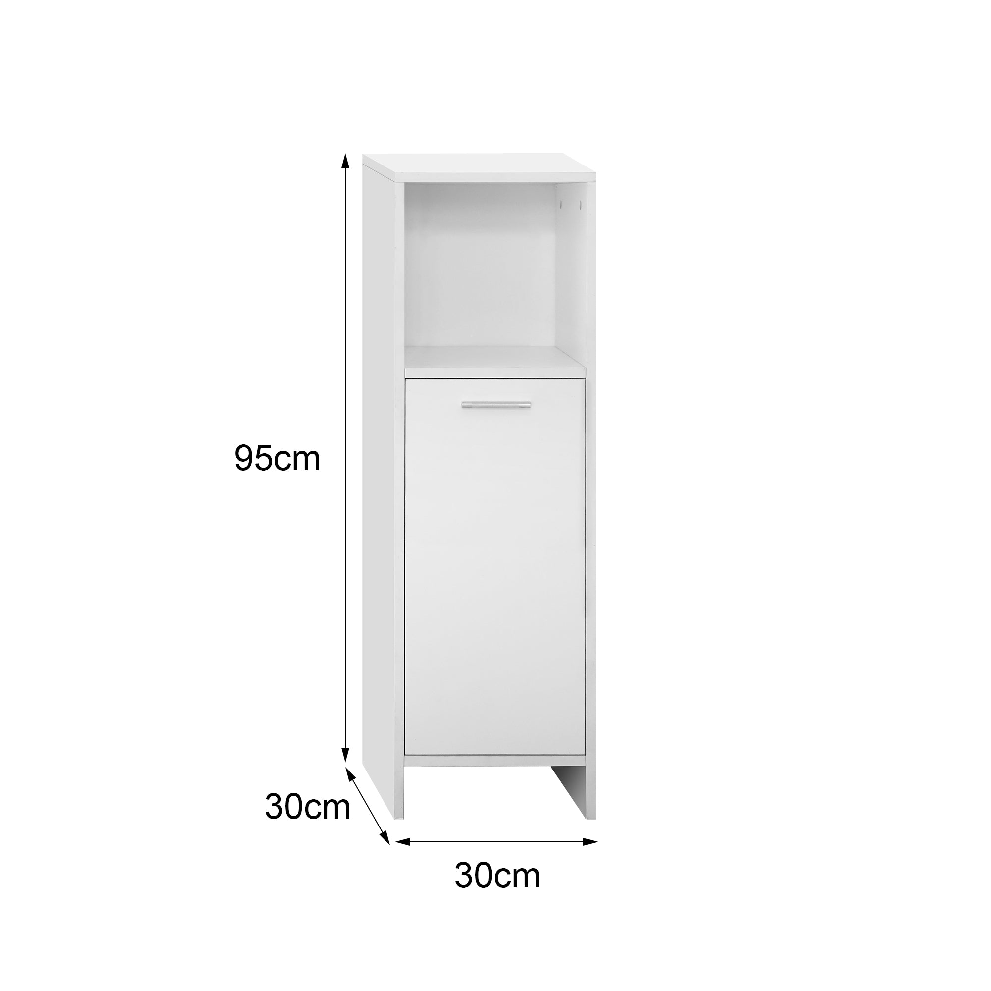 Dimension drawing of a narrow white cabinet with 95cm height and 30cm width.
