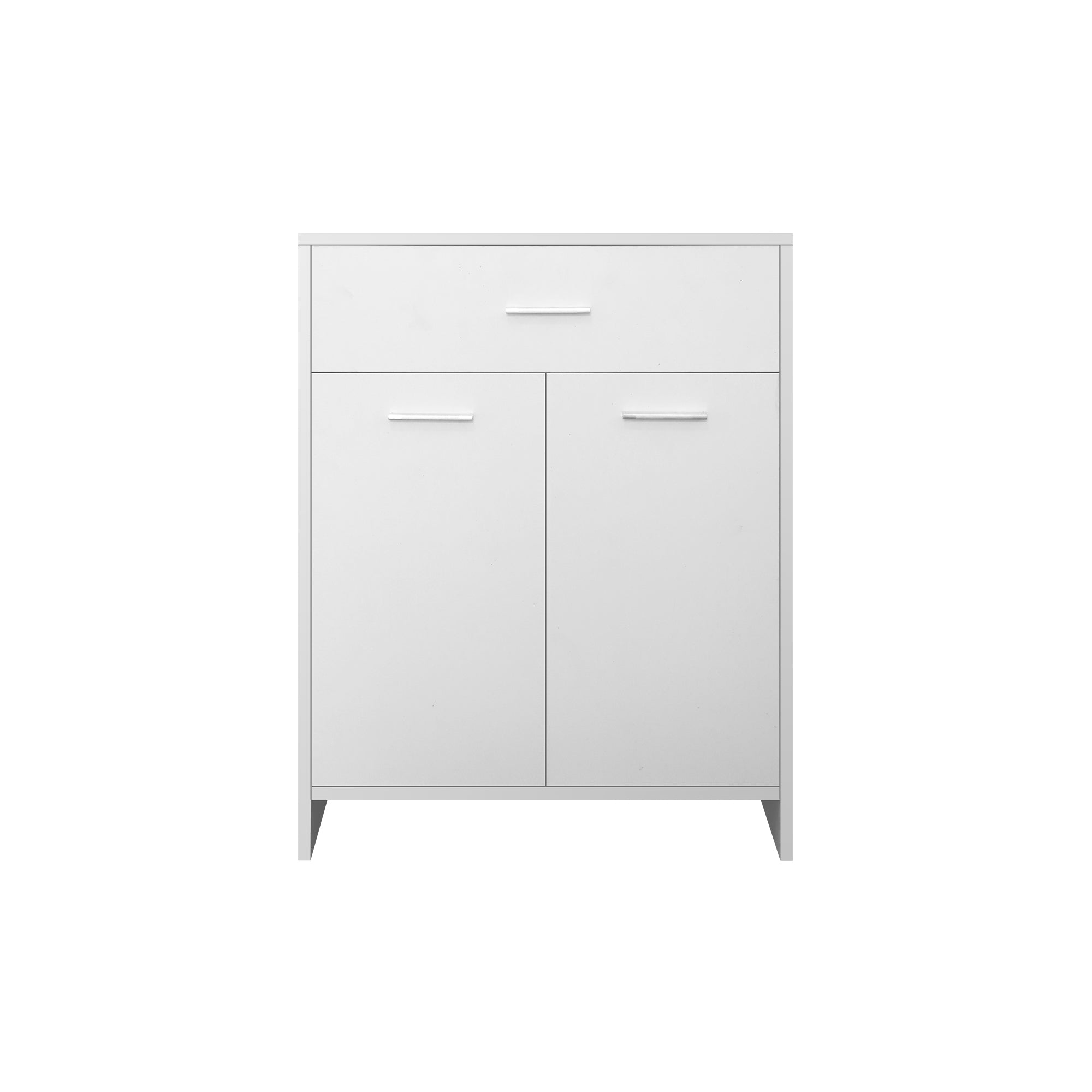 Ein weißer Schrank mit zwei Schubladen und zwei Türen.