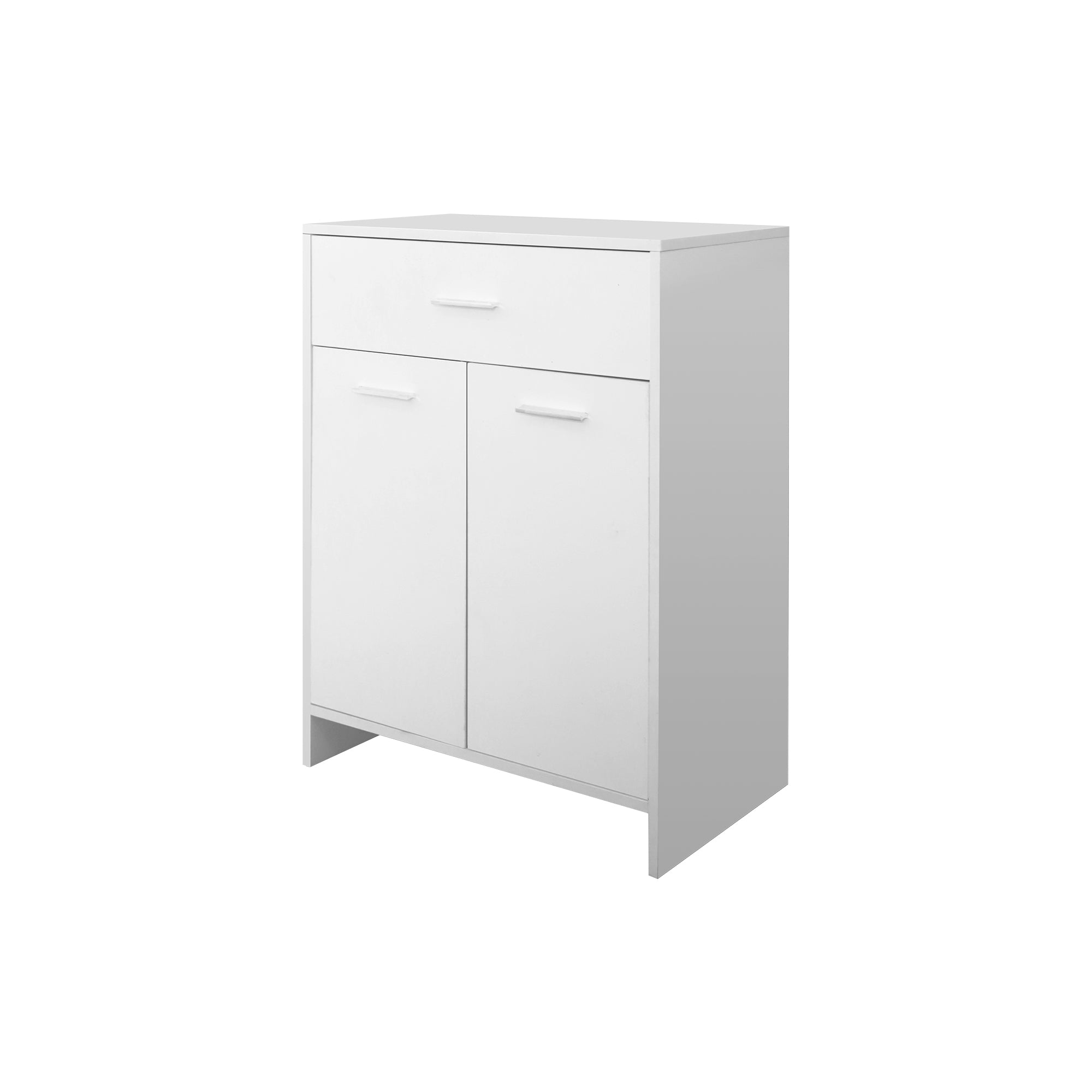 Kleiner, weißer Schrank mit einer Schublade und zwei Türen.