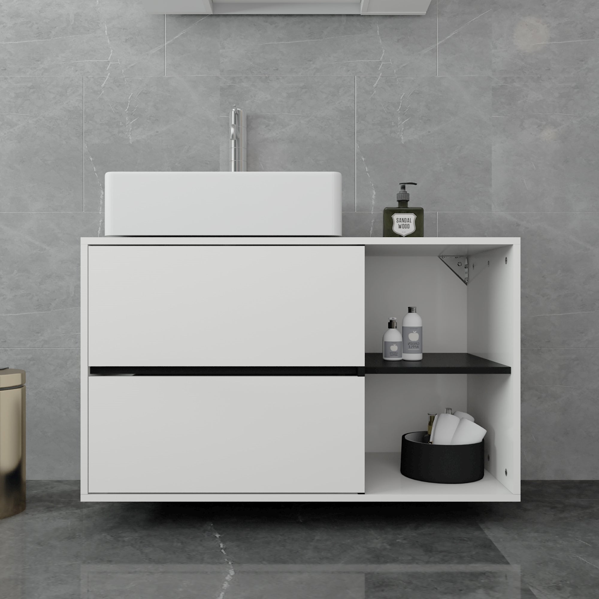 Moderne, weiße Badezimmermöbel mit Waschbecken und zwei Schubladen.