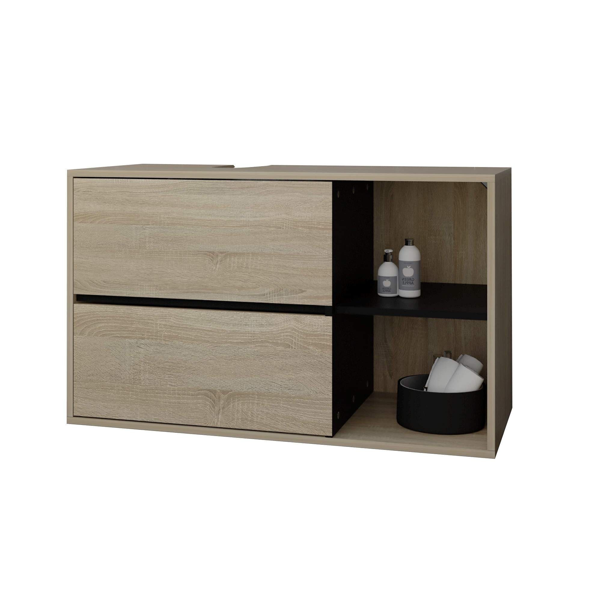 Ein Holzschrank mit zwei Schubladen und offenen Fächern.